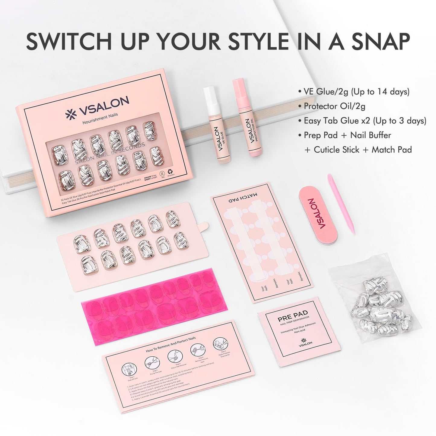 VSALON Short Square Press on Nails - Silver Metallic Chrome 3D Sculpting Fake Nails Kit, Reusable Opaque Punk Glue on Nails, Cuticle Oil - 32 PCS Stick on Nails in 16 Sizes