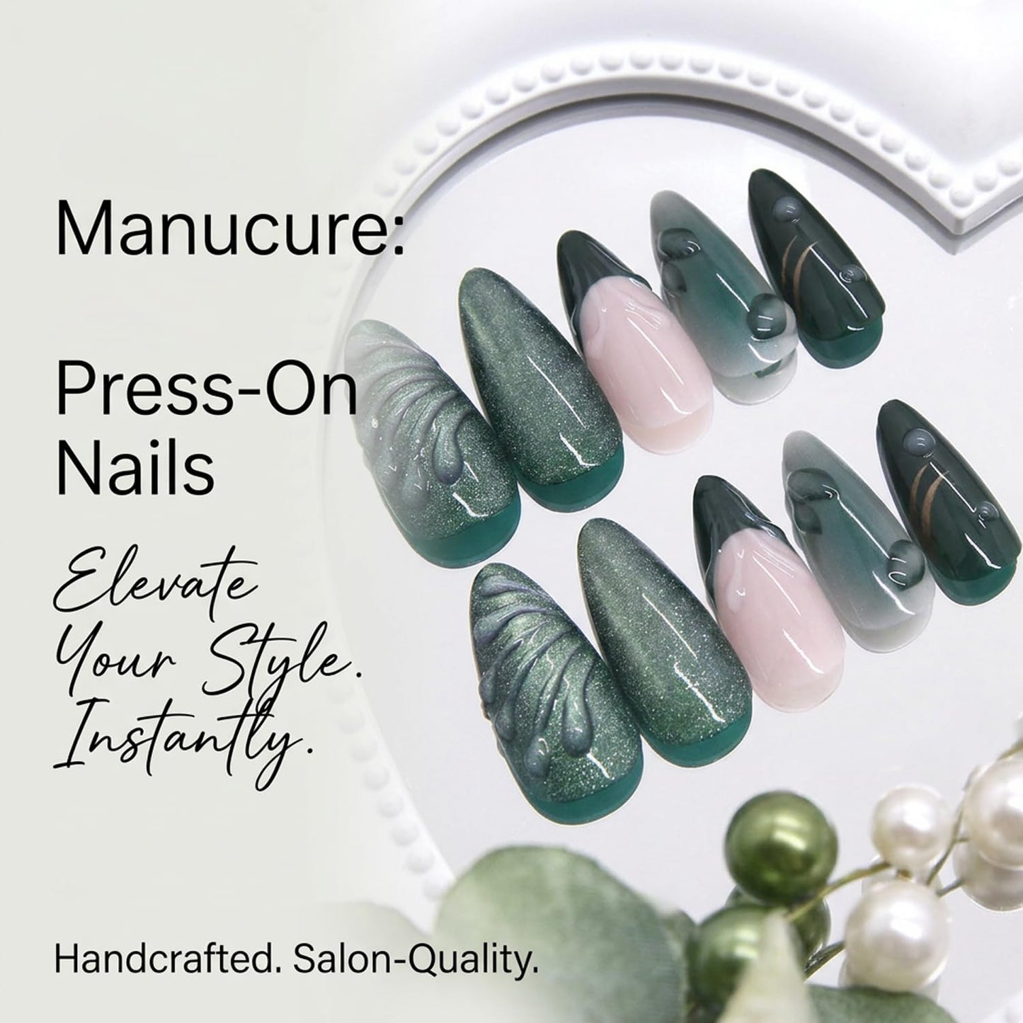 24Pcs Green Press on Nails Medium Almond Fake Nails with 3D Green Ripple Design Handmade Press on French Nails Tips Leaves Pattern Full Cover Glossy Y2k Reusable DIY Nails for Women Nail