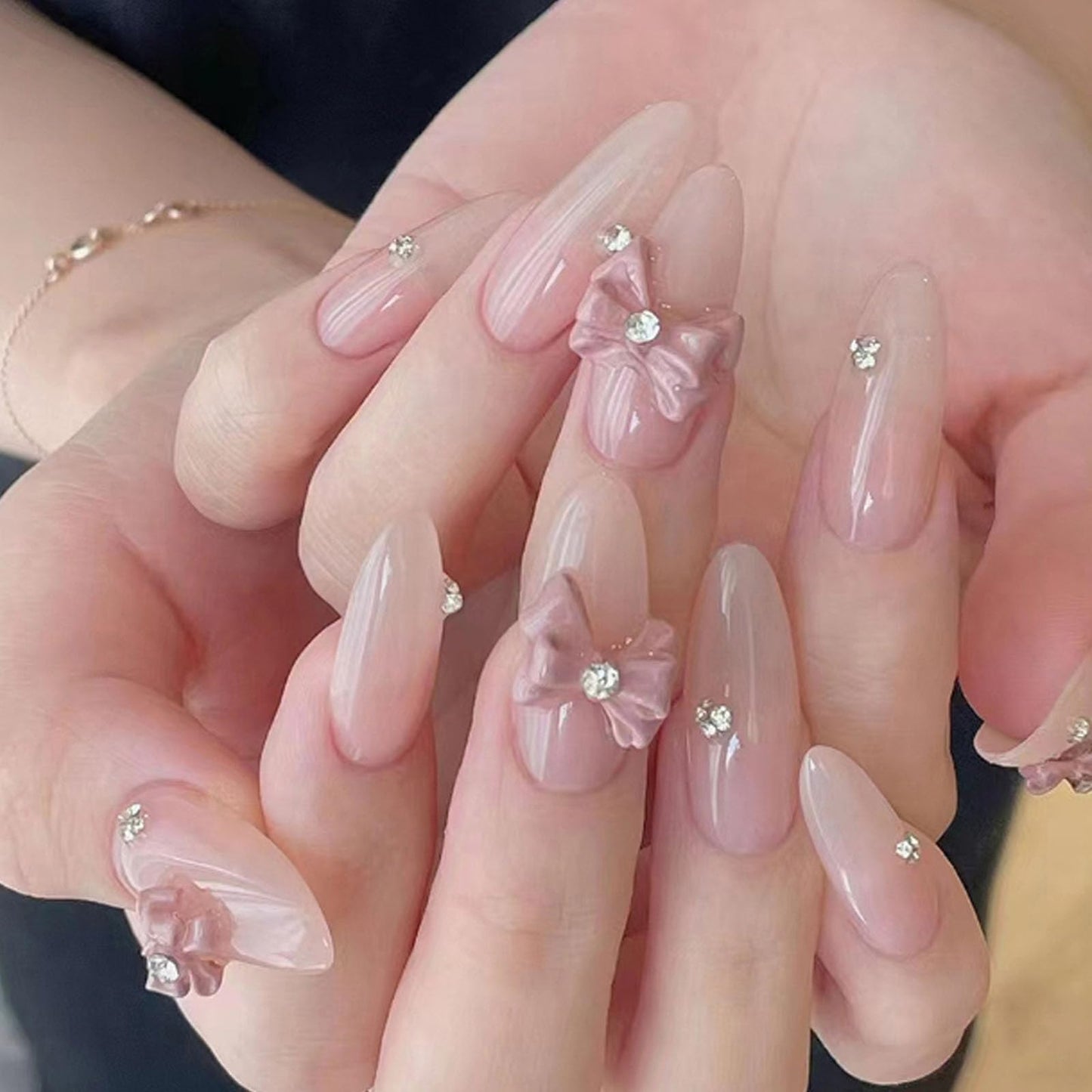 Hkanlre Long Press on Nails Pink Cute Fake Nails Tips Full Cover Almond False Nails for Women and Girls 24PCS