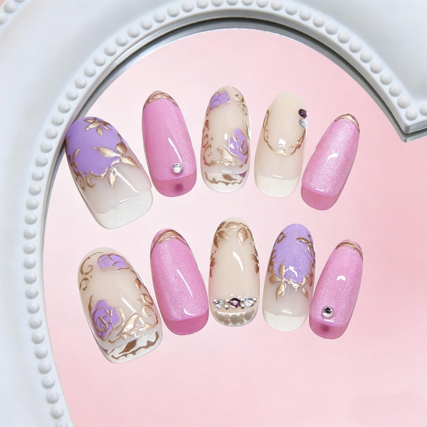 3D Gold Leaf Press on Nails Glossy Purple Rose Flower Medium Almond Fake Nail Floral False Nails with Summer Design Sparkly Stick on Nail Rhinestone Glue on Artificial Fingernails for Women Wear
