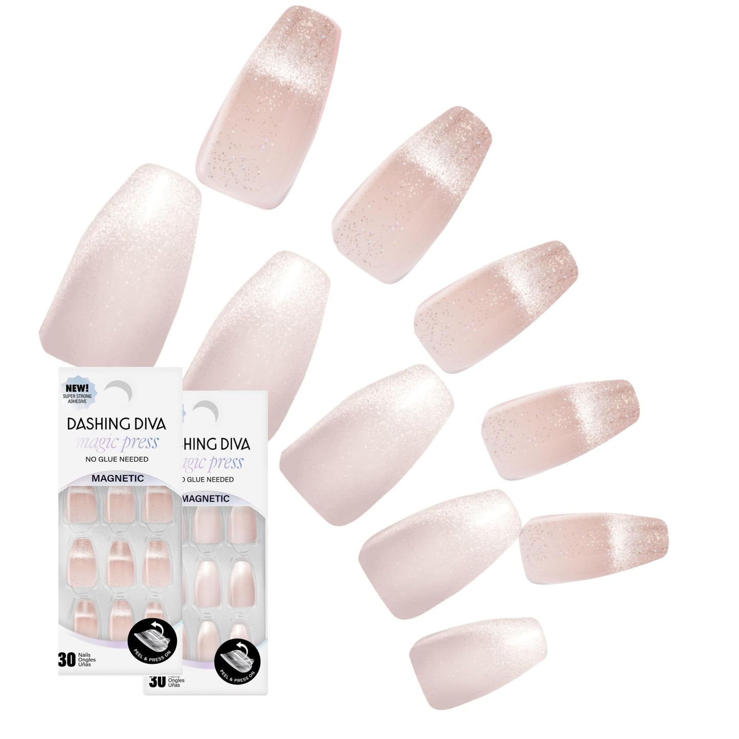 Dashing Diva Magic Press Premium Nail Bundle - Understated Collection - Coffin Shape Press On Nails - Peach Melody & Diamond Bliss - Long Lasting Gel - Lasts Up to 7 Days - 2 Sets