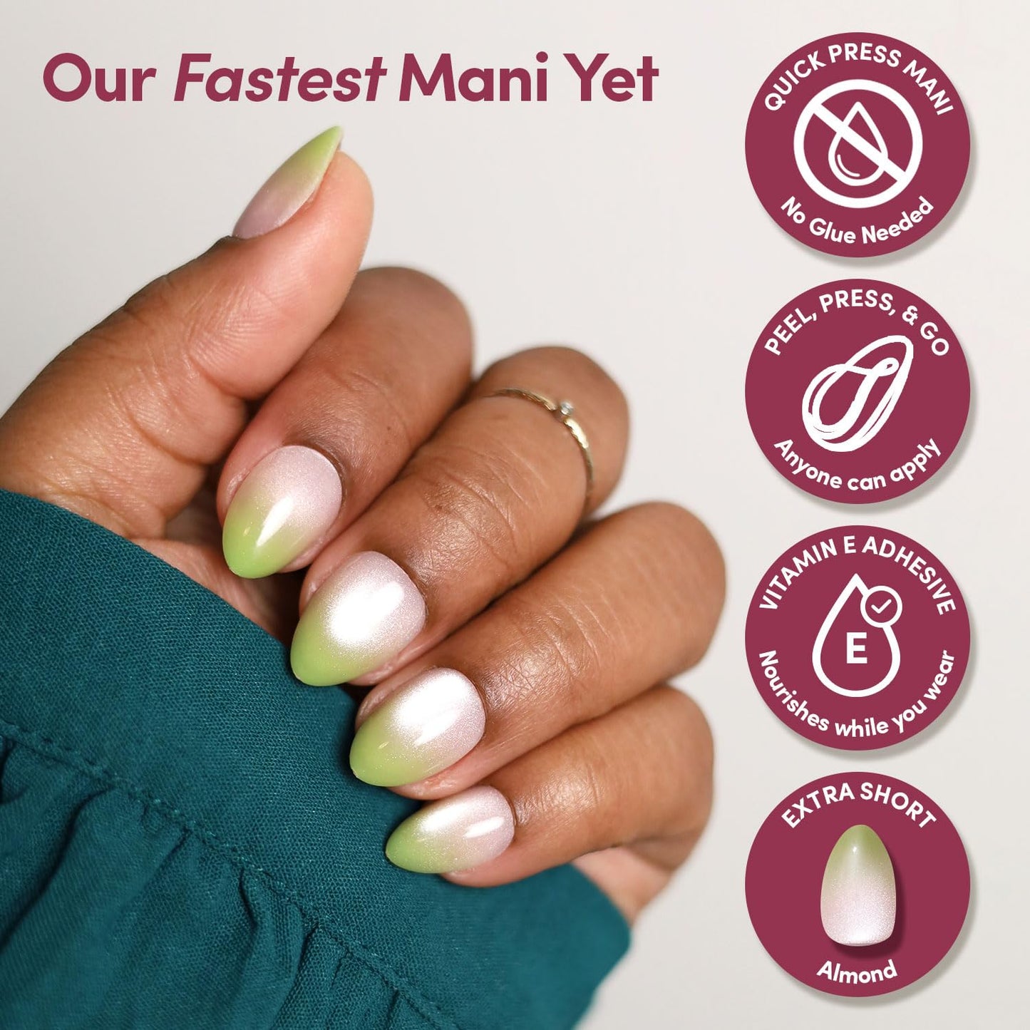 Glamnetic Quick Press Mani Bundle - No Glue Press On Nails, Just Peel and Stick | Lime Beam & Ocean Prism | Mess Free Salon Quality Stick On Nails | Almond Extra Short Nails