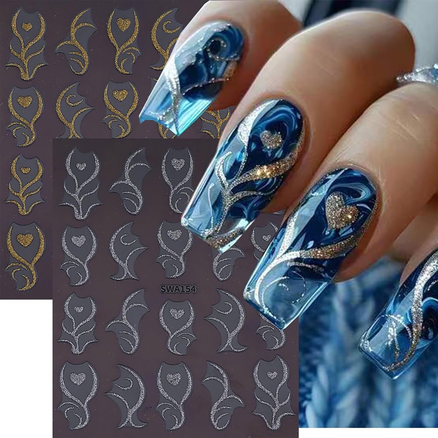 CJDLTS 6 Sheets French Lines Nail Art Stickers Gold $& Silver Glitter Love Nails Stickers 3D Self -Adhesive Love Heart Stripes Nail Decals Holographic French Nail Decoration for Women DIY Manicure