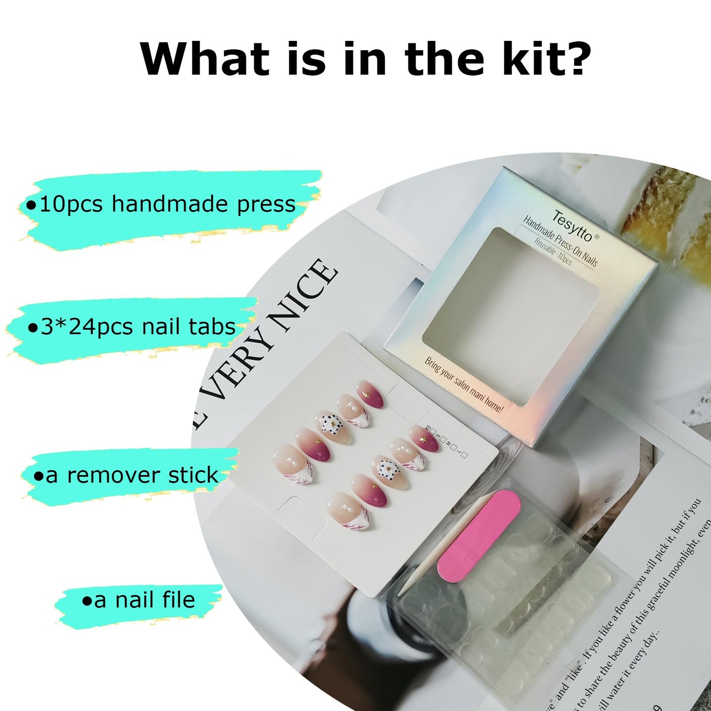 Tesytto Handmade 3D Floral Press on Nails Short Almond - Plum Gradient on a Nude Base, Water Ripple Pearl & Ombre Pink French Tip Holiday Fake Nails (Coral Violeta,M)