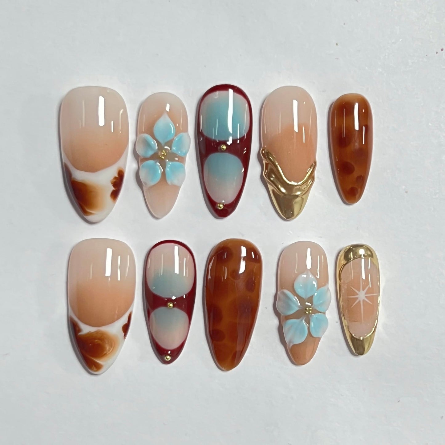 Medium Press on Nails Almond - Handmade Fake Nails with Flower Gold Line Deisgn - Ombre Brown False Nails Fall Nails Press ons for Women - (Size M)