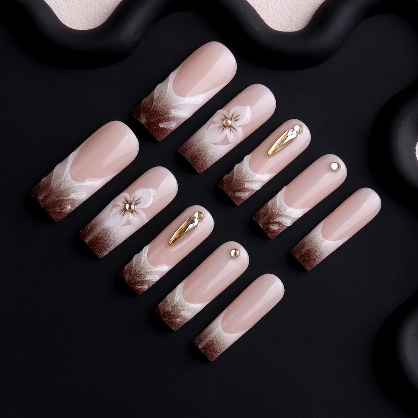 Octoswave Square Press on Nails Medium Fake Nails Brown French Artificial Nail Flowers and Embossed Stick on Nail for Women 24pcs