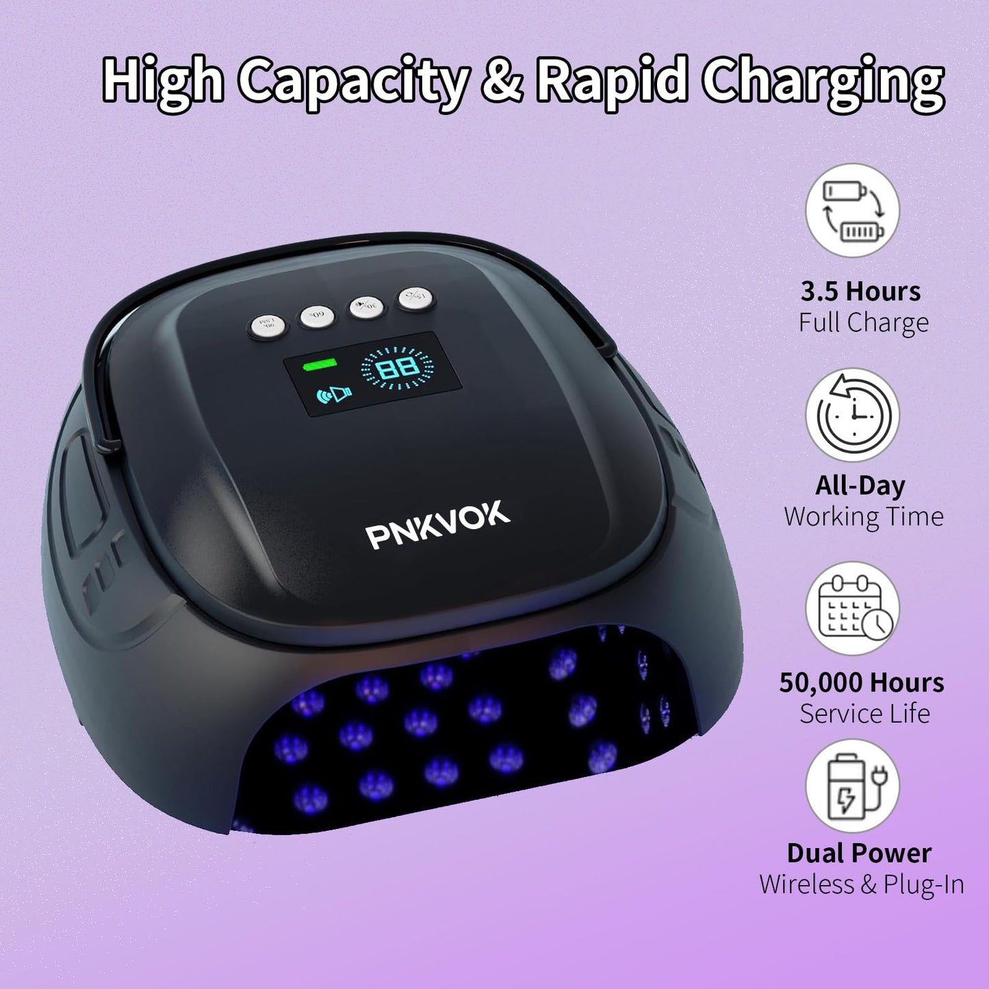 PNKVOK 126W Rechargeable UV LED Nail Lamp, Nail Dryer for Gel Polish UV Light for Nails Handle and Foot Rest, Fast Curing Gel Nail Dryer with 4 Timers for Salon and Home (Black)