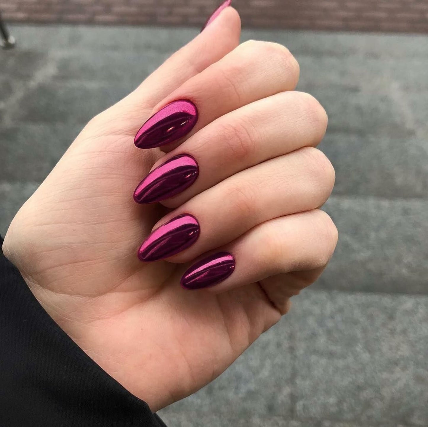 KQueenest Chrome Press on Nails Medium Round Mirror Metal Acrylic Fake Nails Press ons with Bling Design Glitter Almond Glue on Nails Glazed False Nails for Daily Party Wear in 24 PCS, Fuchsia