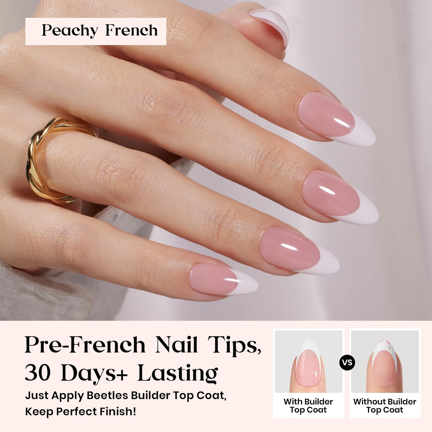 Beetles X Press Plus Gel Nails Kit - Peachy French | Pink Medium Almond French Tip Press On Nails | 210Pcs 15 Sizes All-in-One Kit With Nail Glue,Remover,Builder Top Coat,Nail Lamp Gift For Women