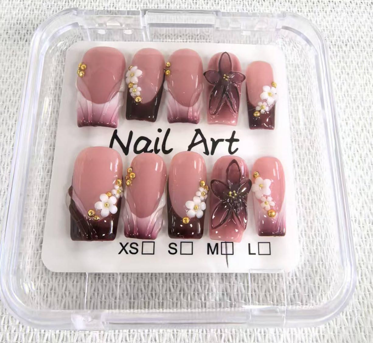 Handmade Press on Nails Medium Square Fake Nails Red French Tip with 3D Flower Designs luxury Pearl Charm Glossy Cute Acrylic Nails for Women 10pcs (Size M）
