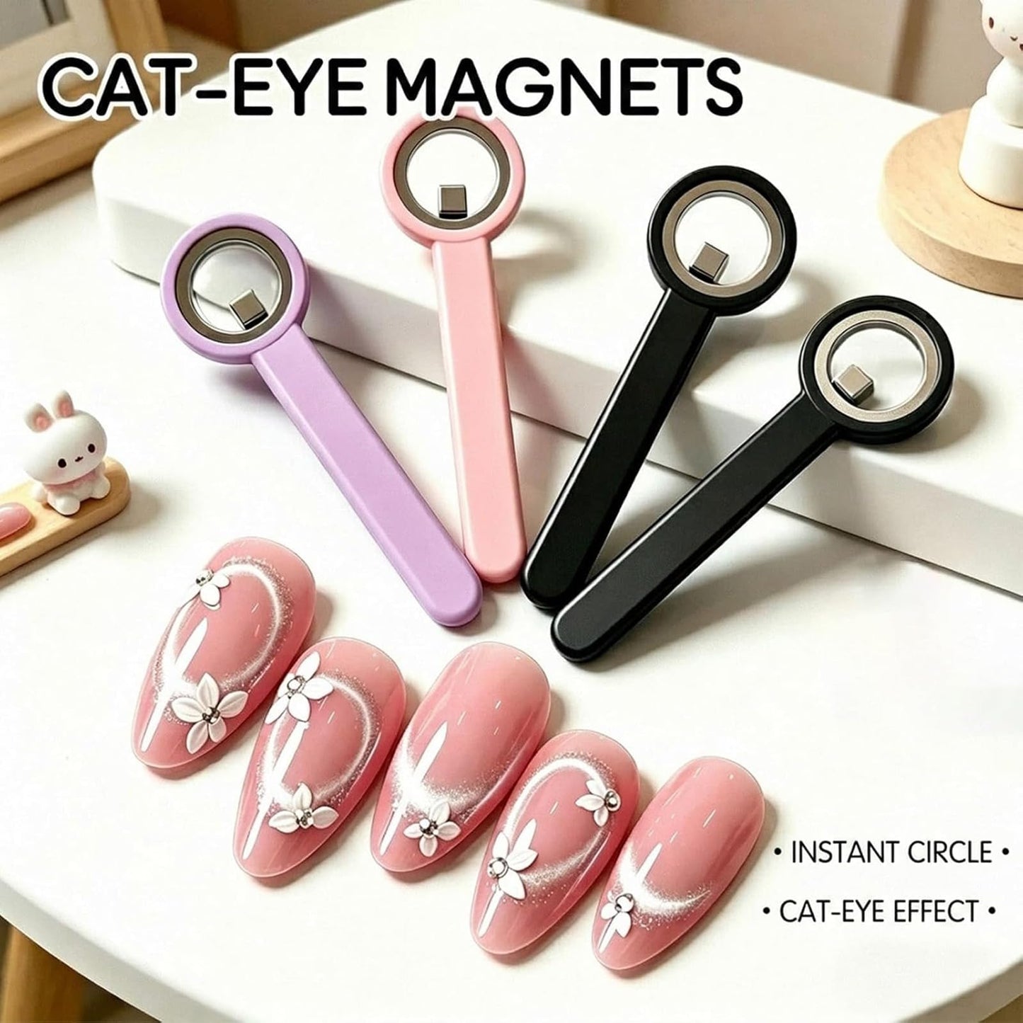 Ring-Shaped Cat Eye Magnet for Nails, Hollow Magnetic Design Circle Cat Eye Magnet for 3D Halo French Tip Nail Art, Home Salon DIY Manicure Tool (2Pcs-Purple+Black)