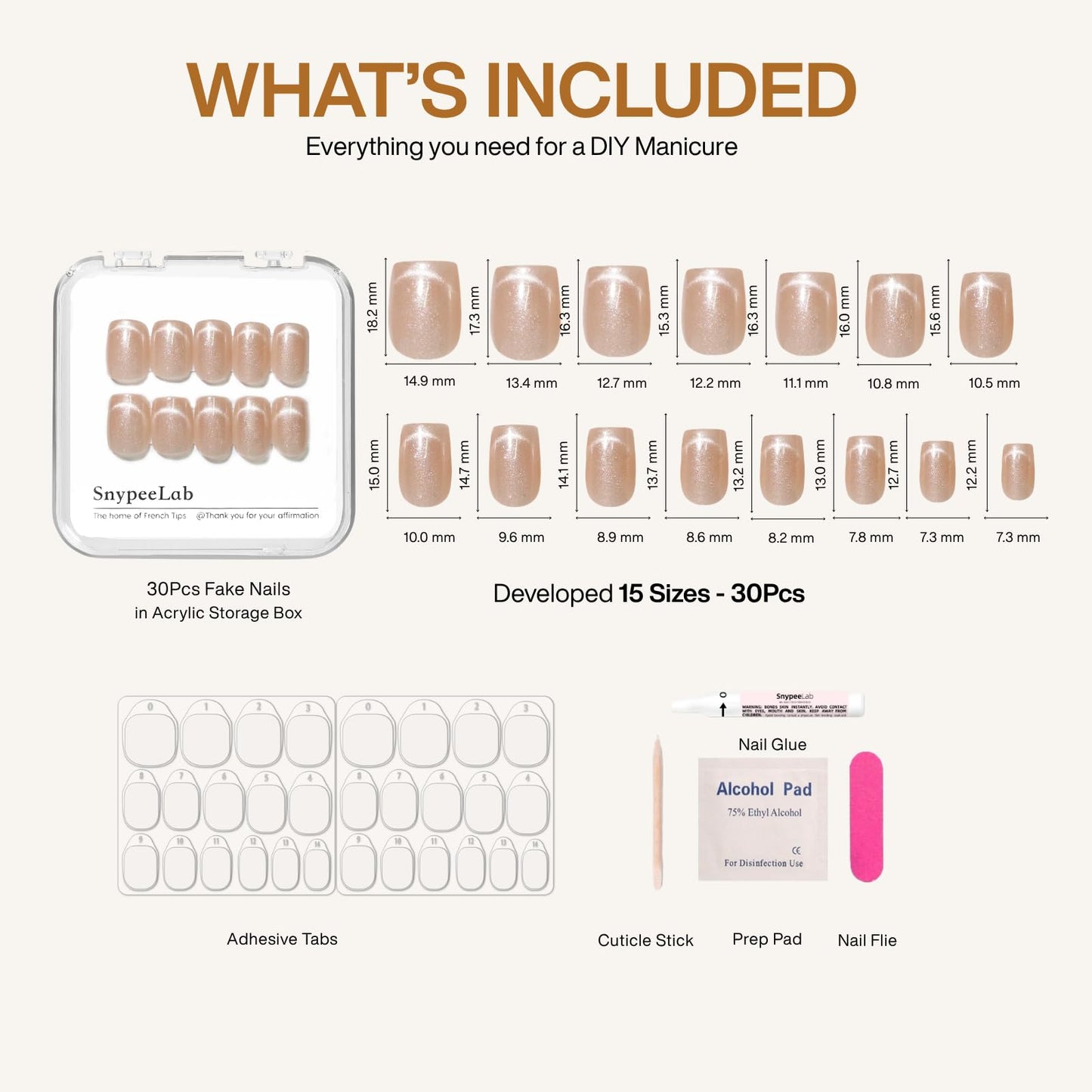 SnypeeLab Nude Cat Eye Press on Nails Short Square, French Tip Short Square Glue on Nails for Women Gift, Reusable Soft Gel Press on Acrylic Nail with Designs 30Pcs(Nude)