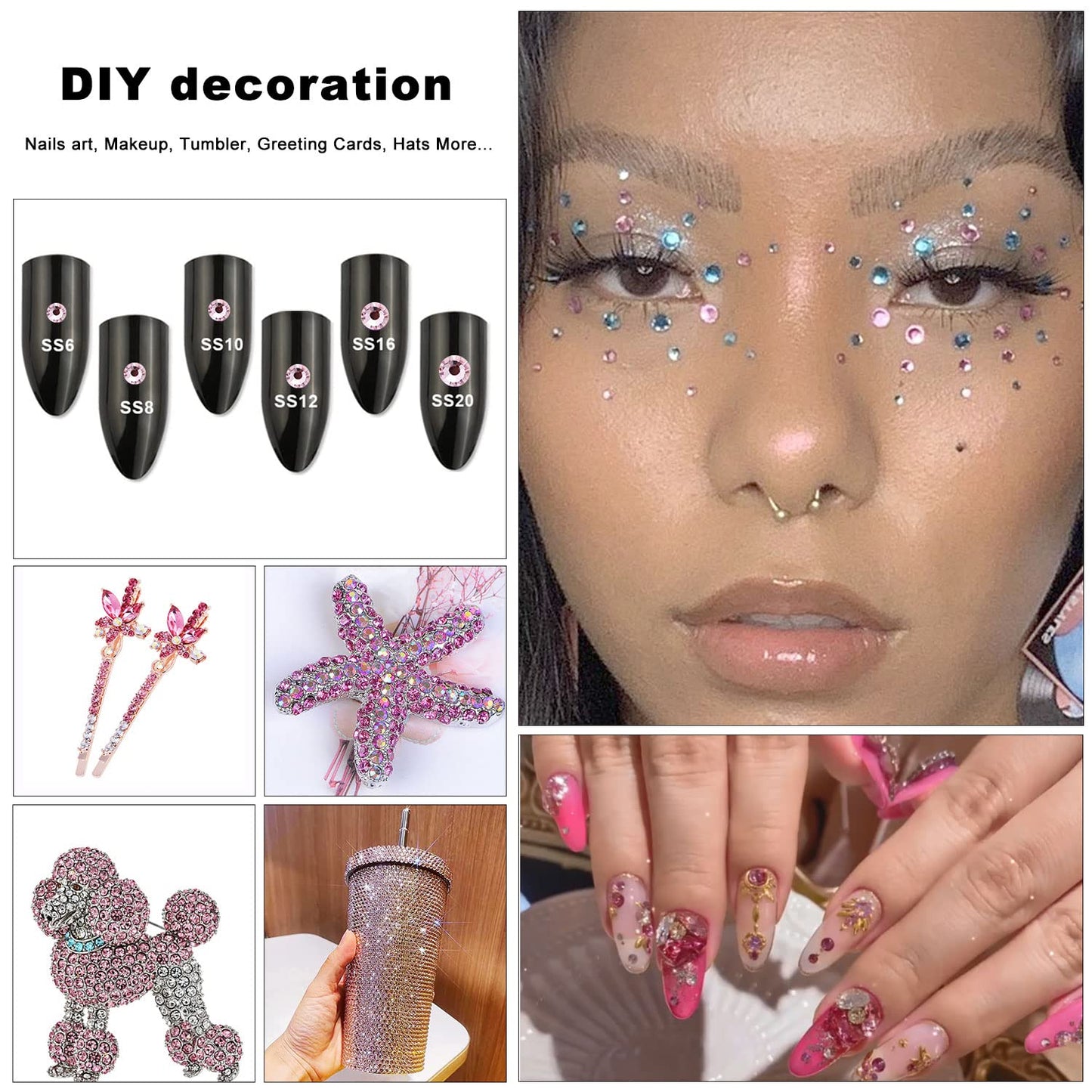 Meibite Pink Glass Flatback Rhinestones for Nails, Crafts & Clothes – 4240PCS 6 Sizes (SS6–SS20) Crystal Gems Kit with Tweezers & Picker, Non Hotfix DIY Rhinestones for Tumblers, Shoes, Nail Art