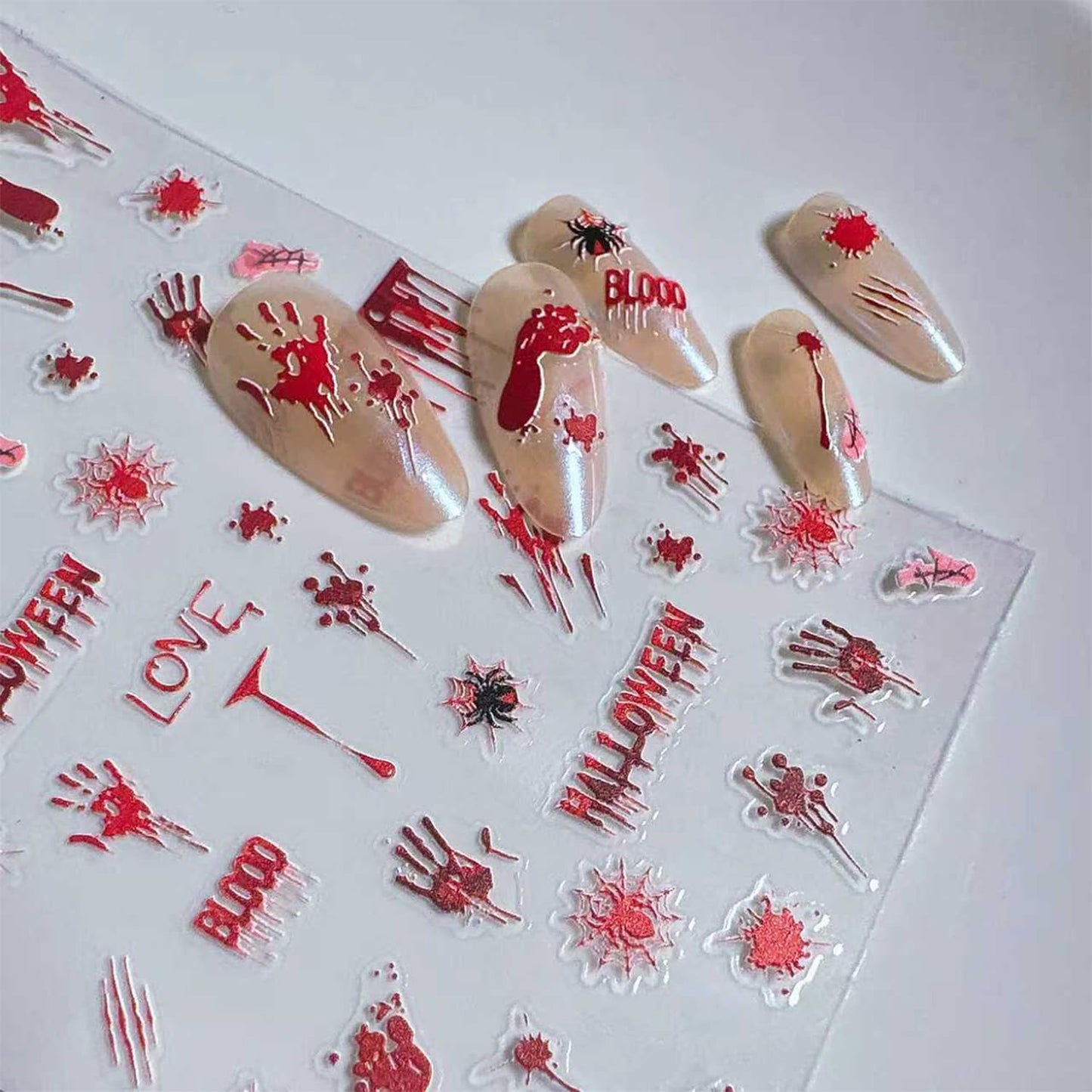 1 Sheets Halloween Nail Decals for Nail Art Horror Bloody Handprint Nail Design Sticker Scary Blood Drop Nail Stickers Bloody Footprints Spider Nail Art Stickers for Women Holiday Nails Decoration