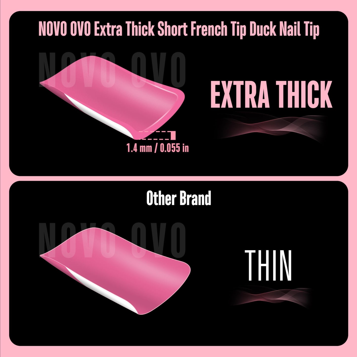 NOVO OVO Short Duck Nail Tips French Tip Press On ROSE PINK with Glitter, Soft Gel Nail Extension, Need Buider Gel Top Coat, No Glue included, Full Cover Acrylic False Nails for DIY x 12 Sizes 240 pc