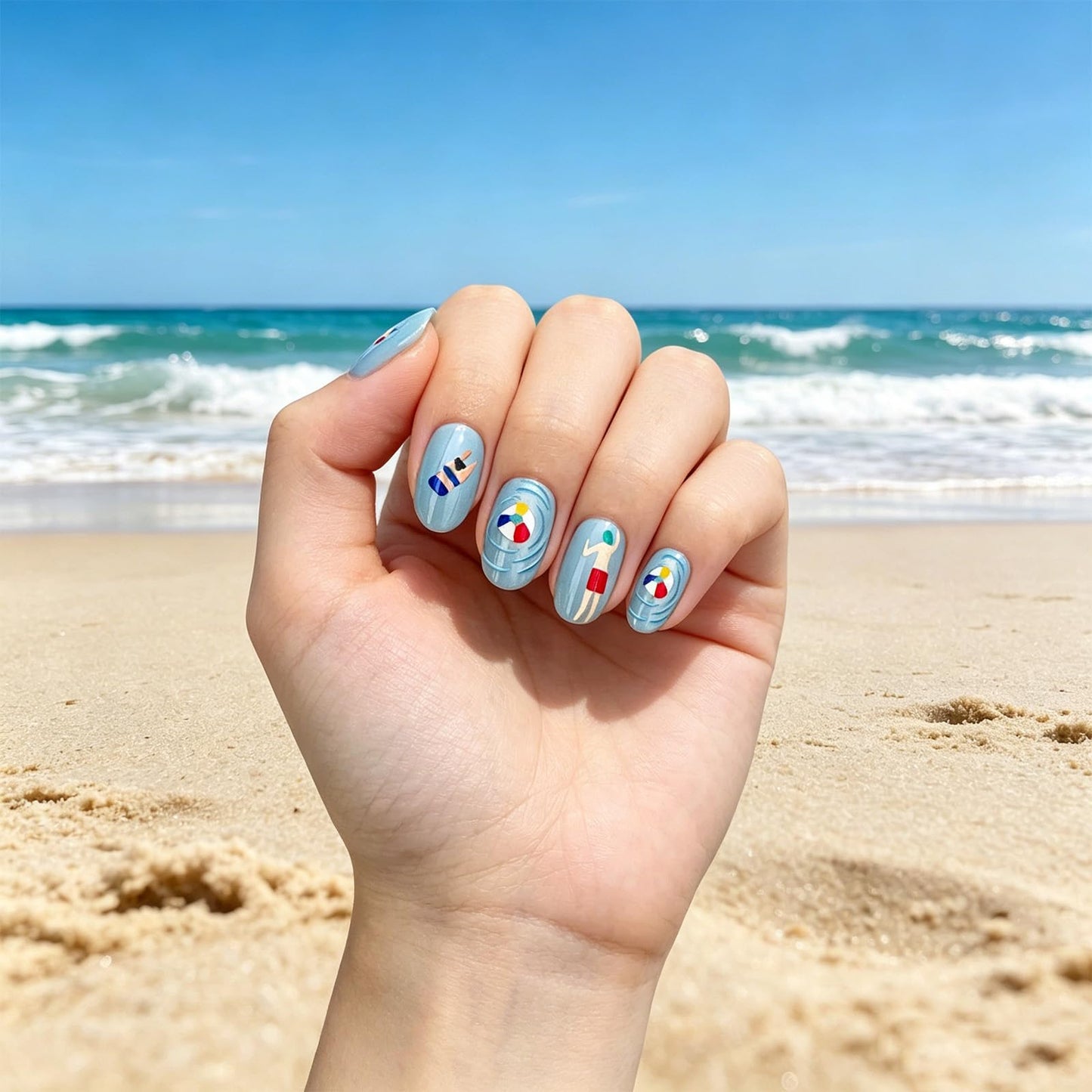Swimmer Press on Nails With Pool Party Design, Glossy Blue Glitter Fake Nail, Short Oval False Nails Ocean Glue on Nail, Swimming Ring Stick on Reusable Acrylic Fingernails for Women Summer Vacation