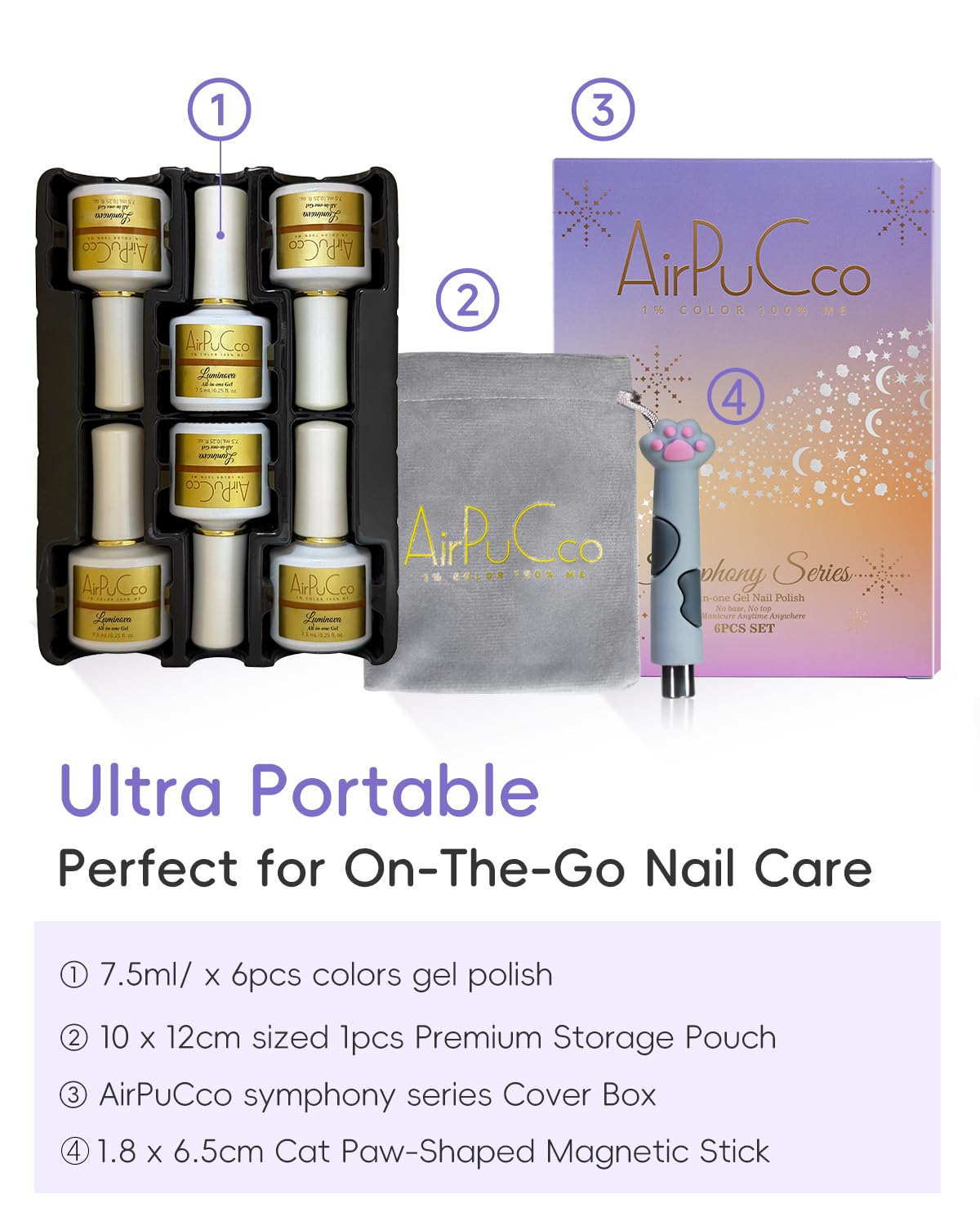 Airpucco All-in-One Cat Eye Gel Nail Polish Kit, 6 Colors in Warm Tones (Reddish-brown, Peach Nude), Soak Off Nail Art Set for Salon & Home DIY Manicure, Ultra-Portable Compact Design