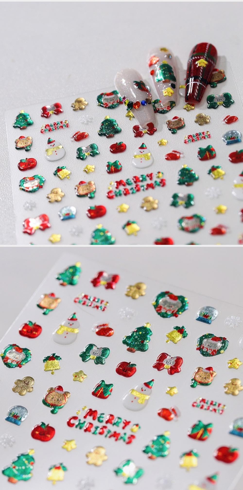 Christmas Nail Art Stickers 5D Embossed Cute Snowman Nail Stickers Self-Adhesive Christmas Eve Fruit Xmas Tree Stocking Nail Decals for Women Girls Winter Holiday Manicure DIY Nail Supplies