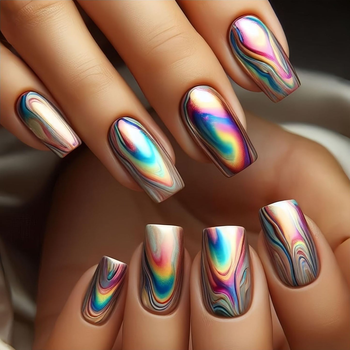 Chrome Press on Nails Medium Square Fake Nails Color Aurora False Nails Press ons with Color Gradient Blending Design Glossy Acrylic Nail Full Cover Reusable Stick on Nails for Women Manicure 24Pcs