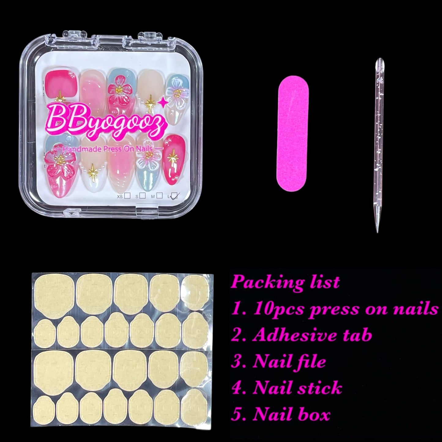 Handmade Press On Nails, Medium Almond Shape, Cherry Blossom Design with Gold Stars, Pearl Accents, Pink Blue Nude Colors, 3D Floral Reusable Acrylic False Nails (Bouquet lace, M)