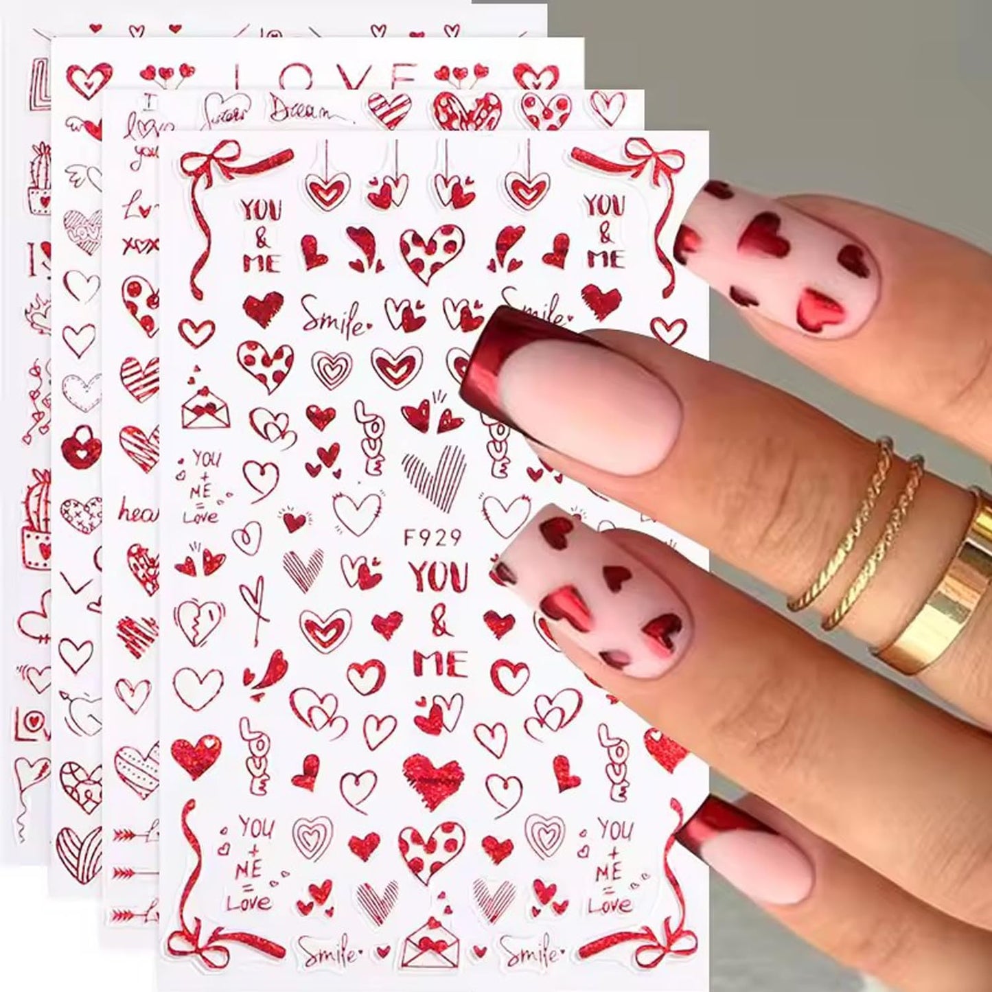 4Pcs Red Valentine's Day Nail Art Stickers - Love Heart Nail Decals, 3D Self-Adhesive Laser Red Hollow Hearts Glitter Designs for DIY 3D Nail Supplies Decoration Romantic DIY Manicure Accessories