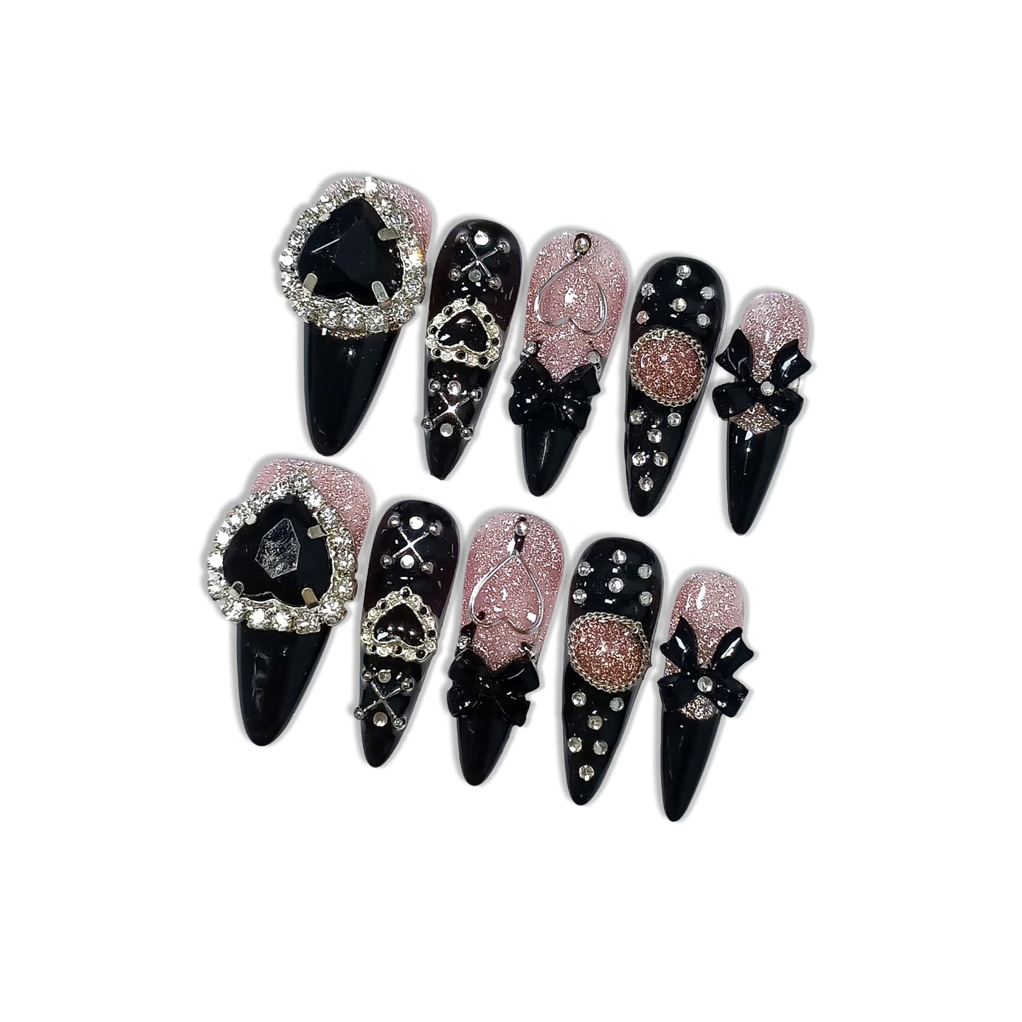 Hantyer Y2K Kawaii Goth Press on Nails with Tools Kit, Long Stiletto Glossy Black Nails, Pink Cat Eye with Black Heart Rhinestones & Bows, Edgy Cute Style for Concerts & Nightlife (Size L)