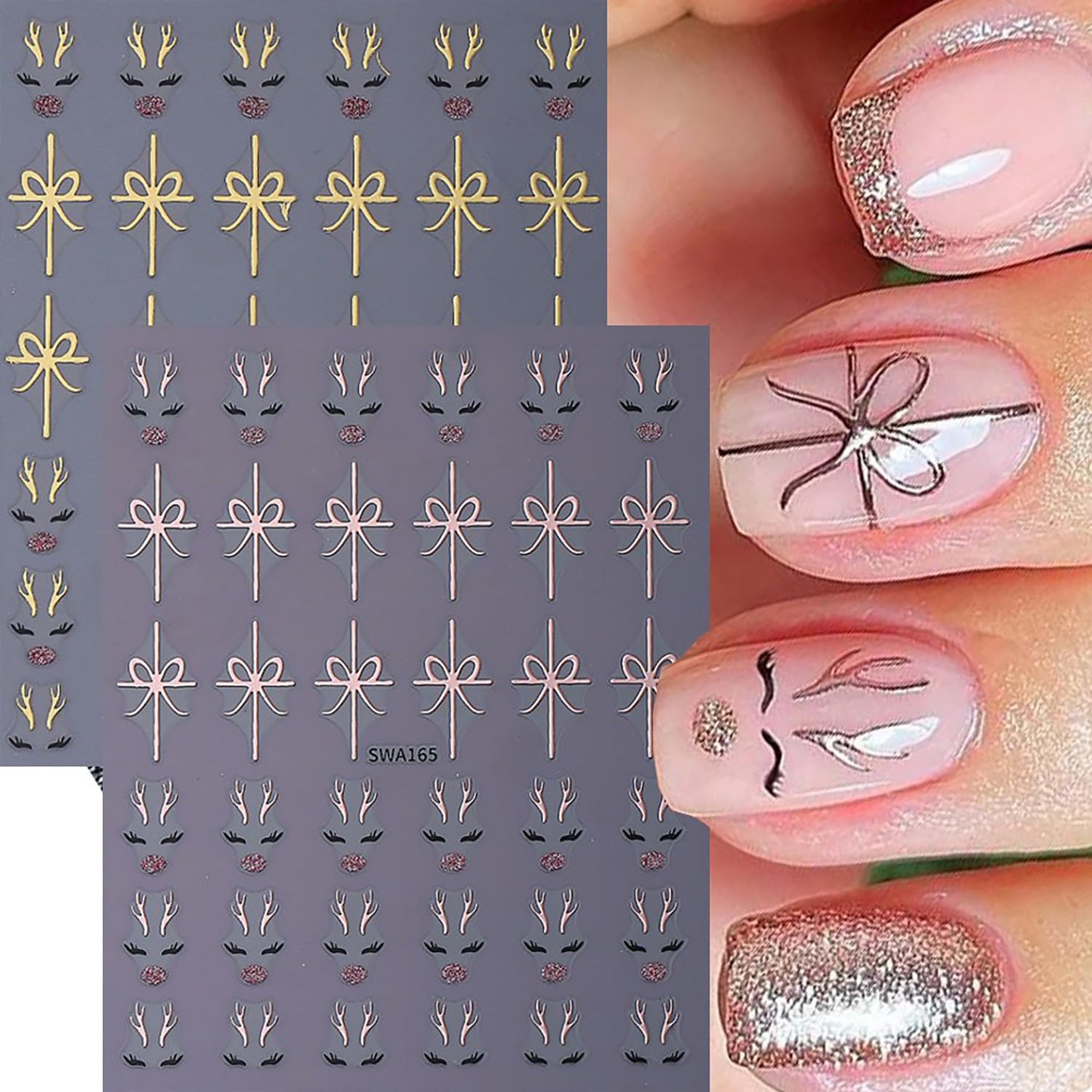 CJDLTS 6 Sheets Christmas Bow Cute Elk Nail Art Stickers Winter Holographic 3D Self -Adhesive Gold and Rose Gold Christmas Day Elk Bow Nails Decals Decoration for Women Xmas DIY Manicure