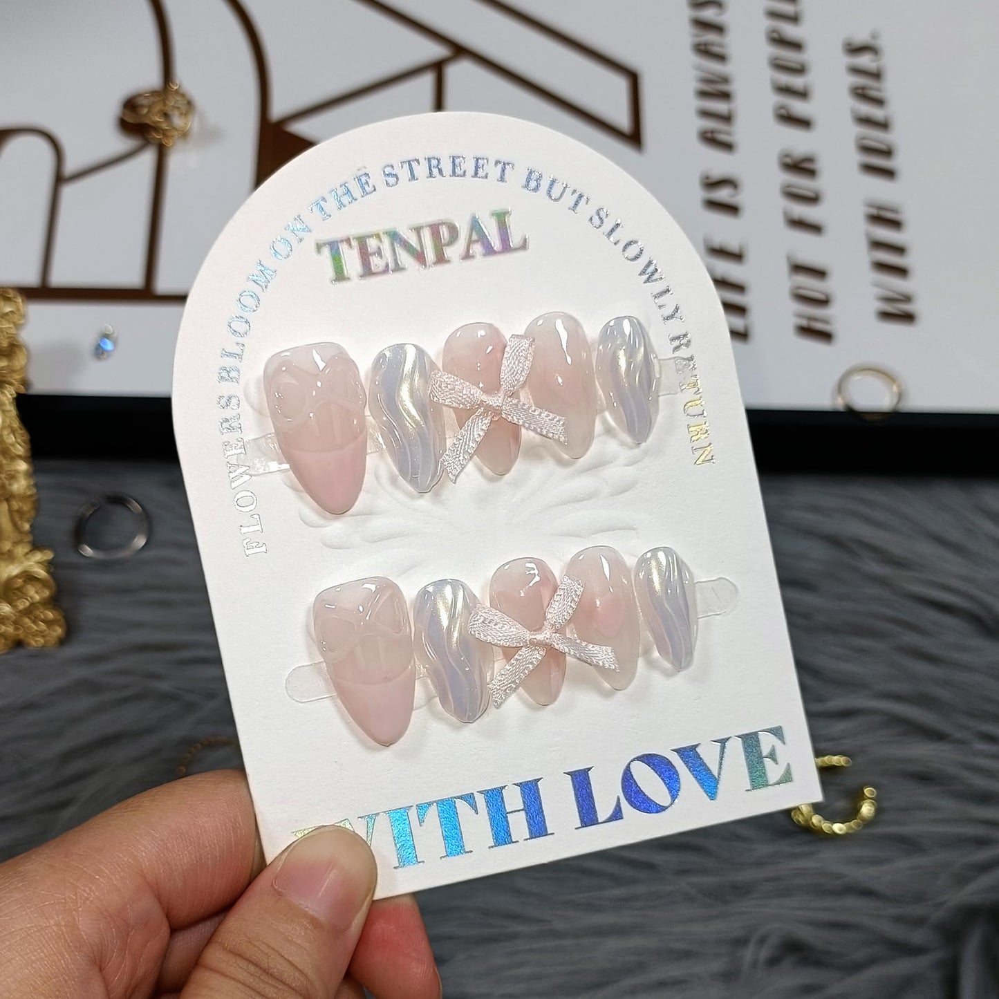 TENPAL French Tip Press On Nails Short Almond Nude Pink Gel Fake Nails With Glue Aurora French False Nails With Sparkling Waves 3D Bow 10pcs/Box Lovely Sweet Cute Acrylic Stiletto Nail Tips(XS)