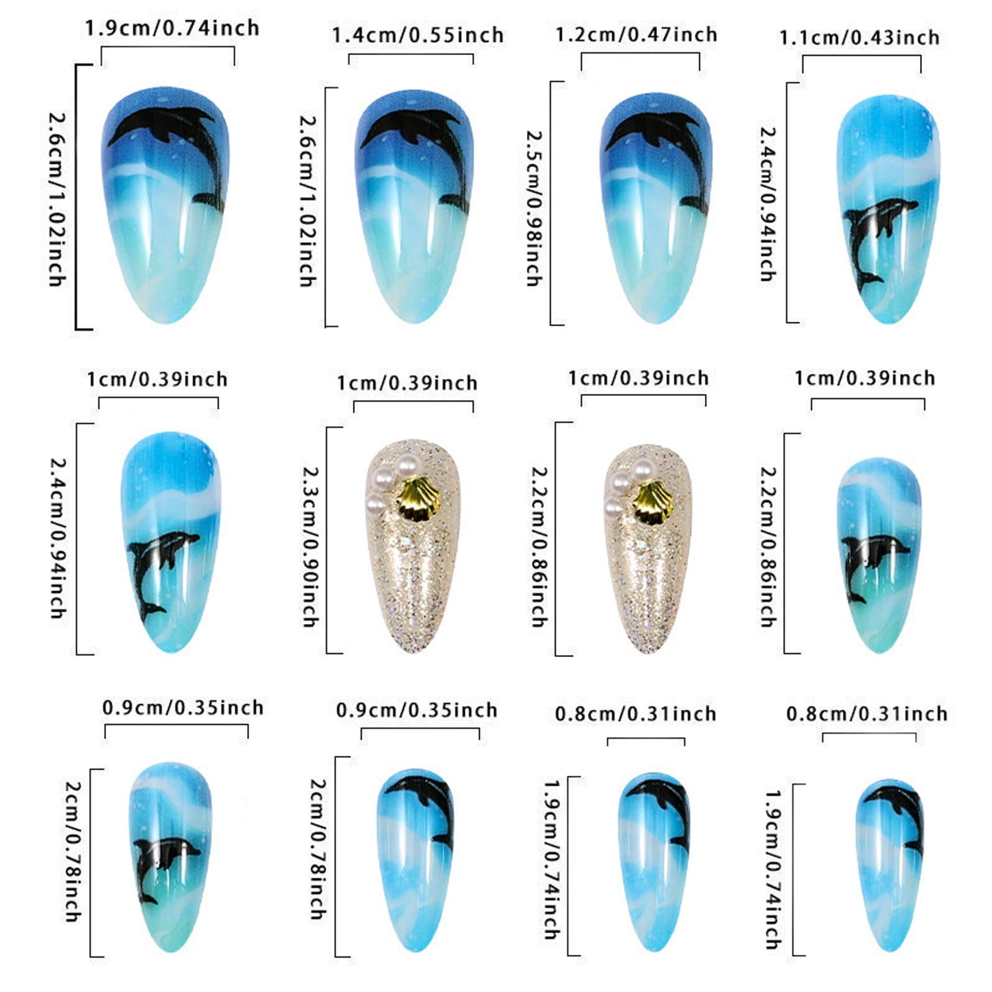 24Pcs Ocean Theme Press on Nails Medium Almond Fake Nails Ocean Blue Gradient with Dolphin & Wave Design Silver Glitter 3D Gold Shell & Pearl False Nails Acrylic Full Cover Stick on Nails for Women