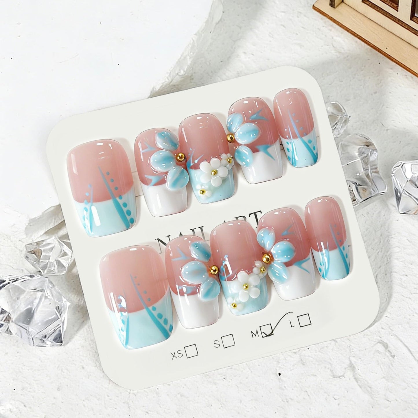 10 Pcs Handmade Press on Nails Medium Square Fake Nails with 3D Daisy Flower Blue French Tip Curve Design Acrylic False Nails Summer M Size Press Ons Nails Square for Women