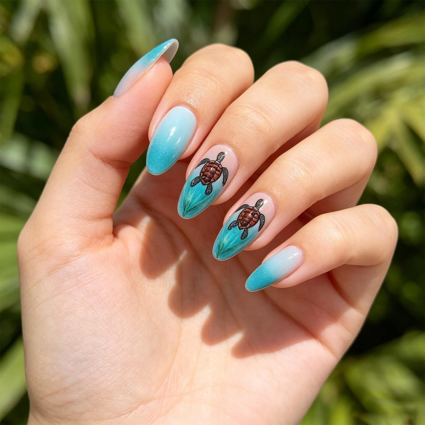 Sea Turtle Press on Nails with Tropical Ocean Design Seaweed Medium Almond False Nails Beach Fake Nail Glossy Blue Ombre Glue on Nail Gradient Stick on Fingernails for Women Summer Daily Wear