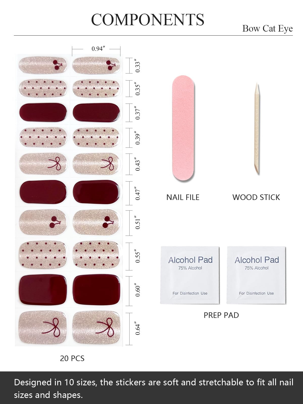 AutyaMee Semi Cured Gel Nail Strips (Bow Cat Eye), Valentine's Day, 20 Pcs Gel Nail Wraps, Stickers, Salon Quality, Works with Any UV Lamps