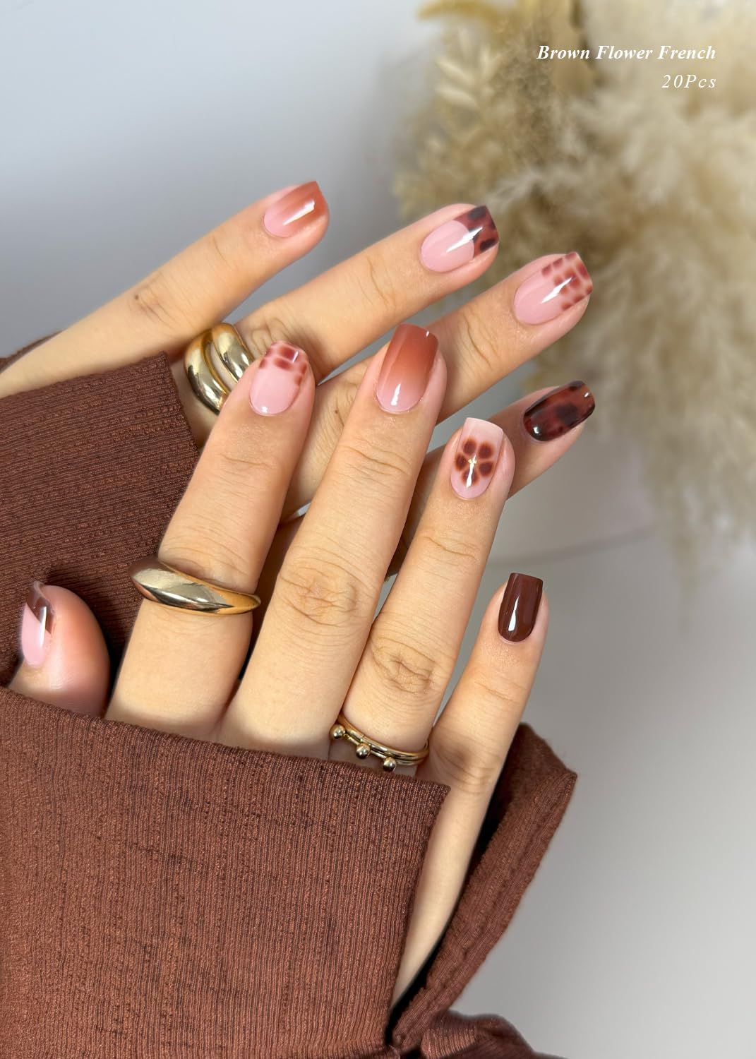 AutyaMee Semi Cured Gel Nail Strips (Brown Flower French), 20 Pcs Fall Gel Nail Wraps, Stickers, UV Light Required, Salon Quality, Long Lasting