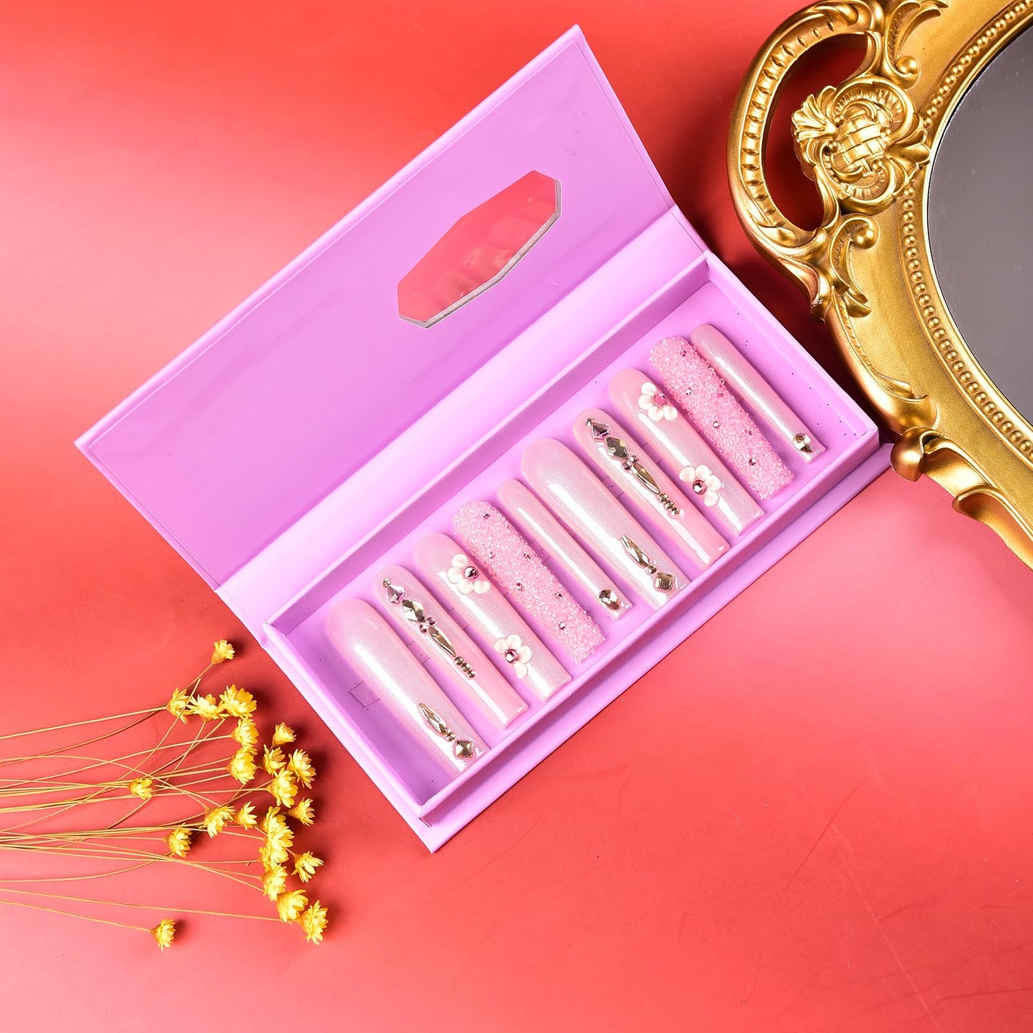 Tmani 10pc/set Extra Long Handmade Press On Nail Hot Girl's Long Ballet Nails Square Nail Full of Diamond Glitter Decoration Fake Nails Suitable For Girls Festival Parties and Birthday Gift (200,S)