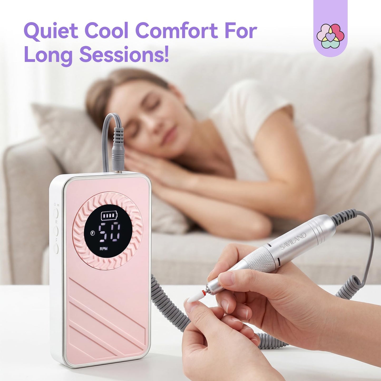 Saviland 30s Fast Removal Electric Nail Drills 50000 RPM: 2026 Professional Cordless Nail File for Acrylic Nails Gel Polish Dip Powder Manicure Pedicure 1200mAh LCD Display Pink