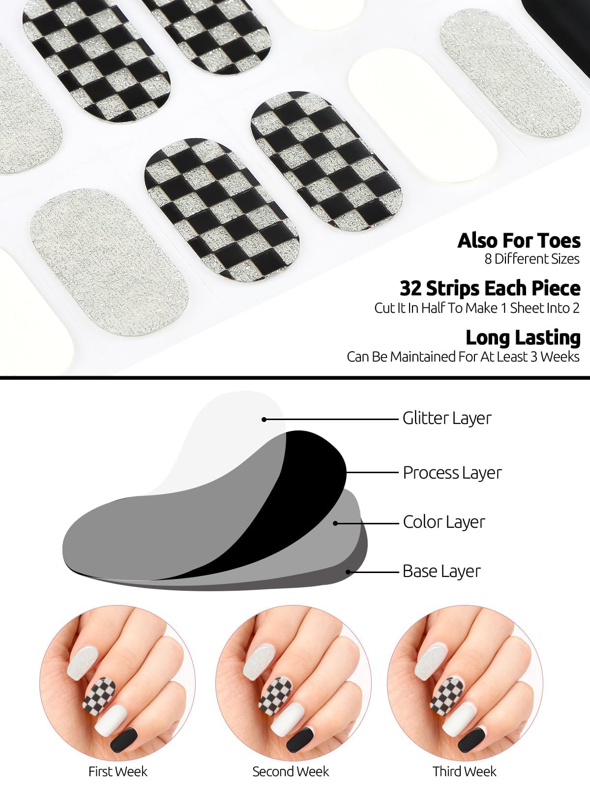 32PCS Semi-Cured Gel Nail Strips EBANKU Nail Polish Stickers Long-Lasting Semi-Cured Gel Nail Wraps Full Nail Polish Wraps Shiny Nail Decors Gel Nail Art Stickers UV/LED Lamp Required (Black Plaid)