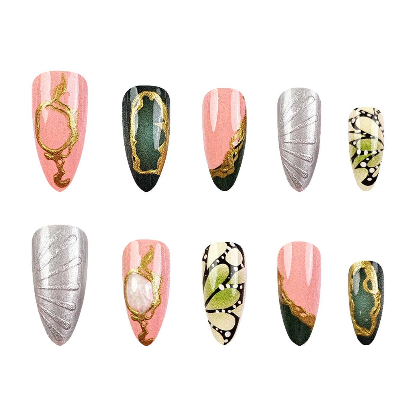 24pcs Almond Press on Nails Medium Length Fake Nails French Tip Press on Butterfly Wings Designs Glossy Chrome Gold Gems Stick on Nails Almond Nails Retro Green Fall Luxury Nail Finger Manicure Kit