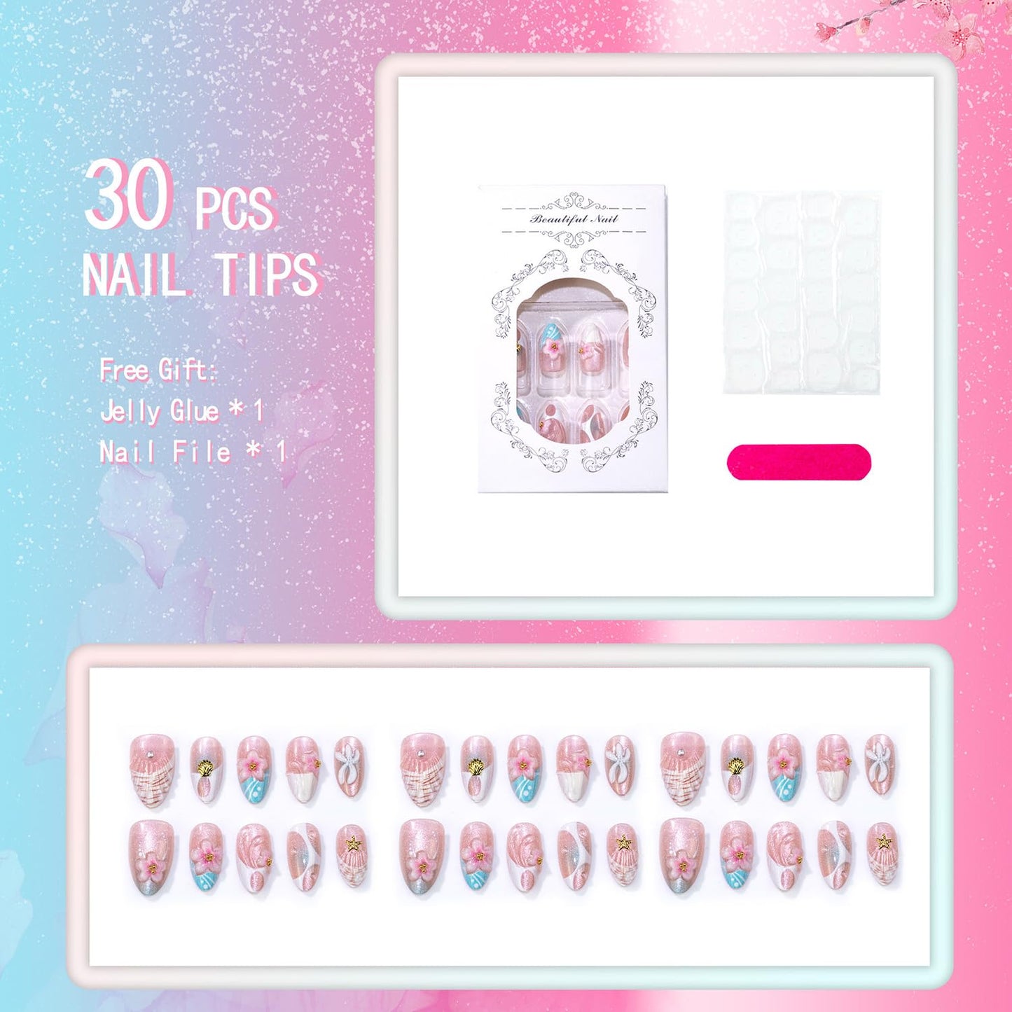 Summer Blue Press On Nails Medium Almond Fake Nails French False Nails With Starfish Designs Acrylic 3D Flower Press Ons Full Cover Glue On Nail Glossy Stick On Nail For Women 24Pcs