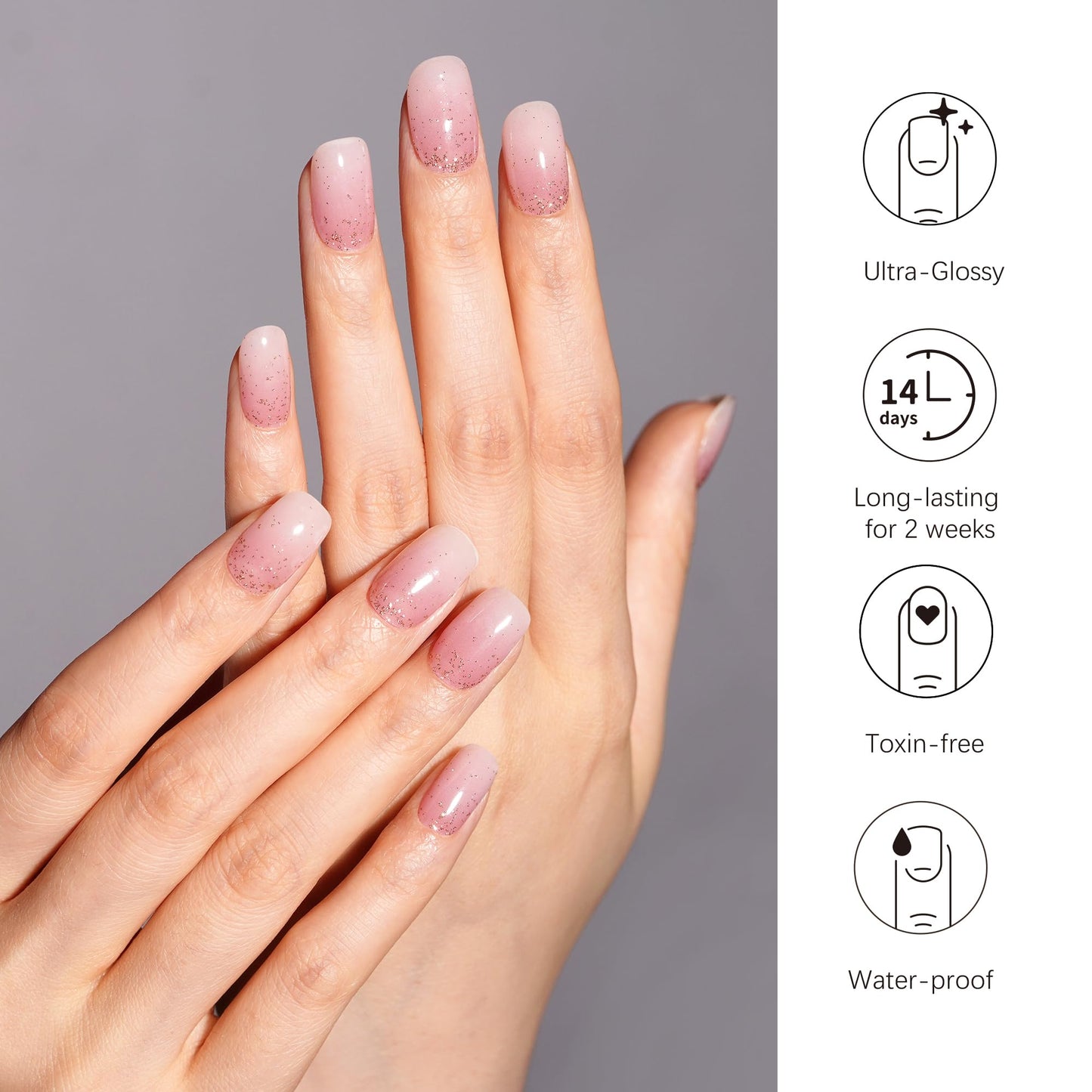 DANNI & TONI Semi Cured Gel Nail Strips Pink White Ombre Gold Glitter Gel Nail Wraps 28 Stickers | Pale Glint