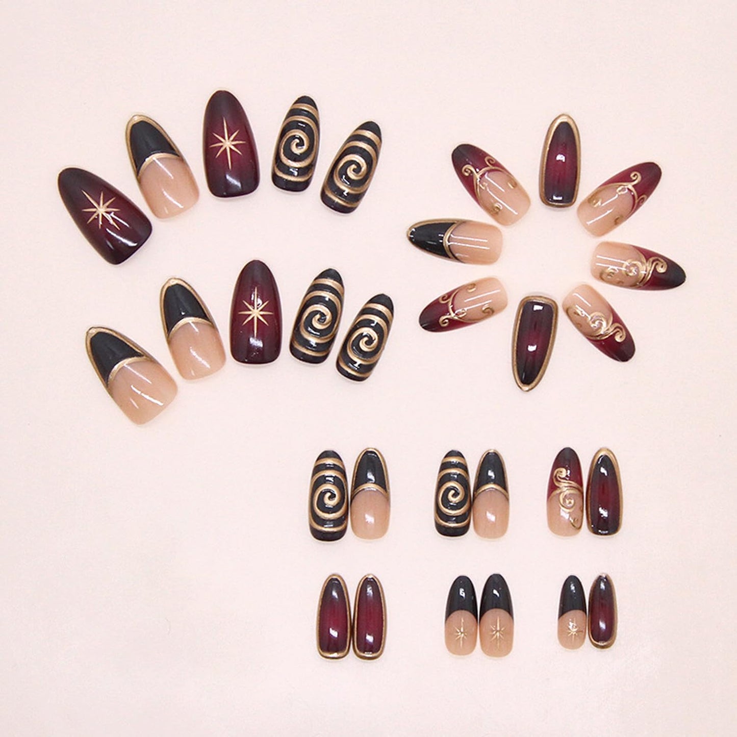 24Pcs French Tip Press on Nails Medium Almond with Irregular 3D Gold Line Purple Night Starlight Design French Style Manicure Glossy False Nails Full Cover Artificial Glue on Stick on Nails for Women