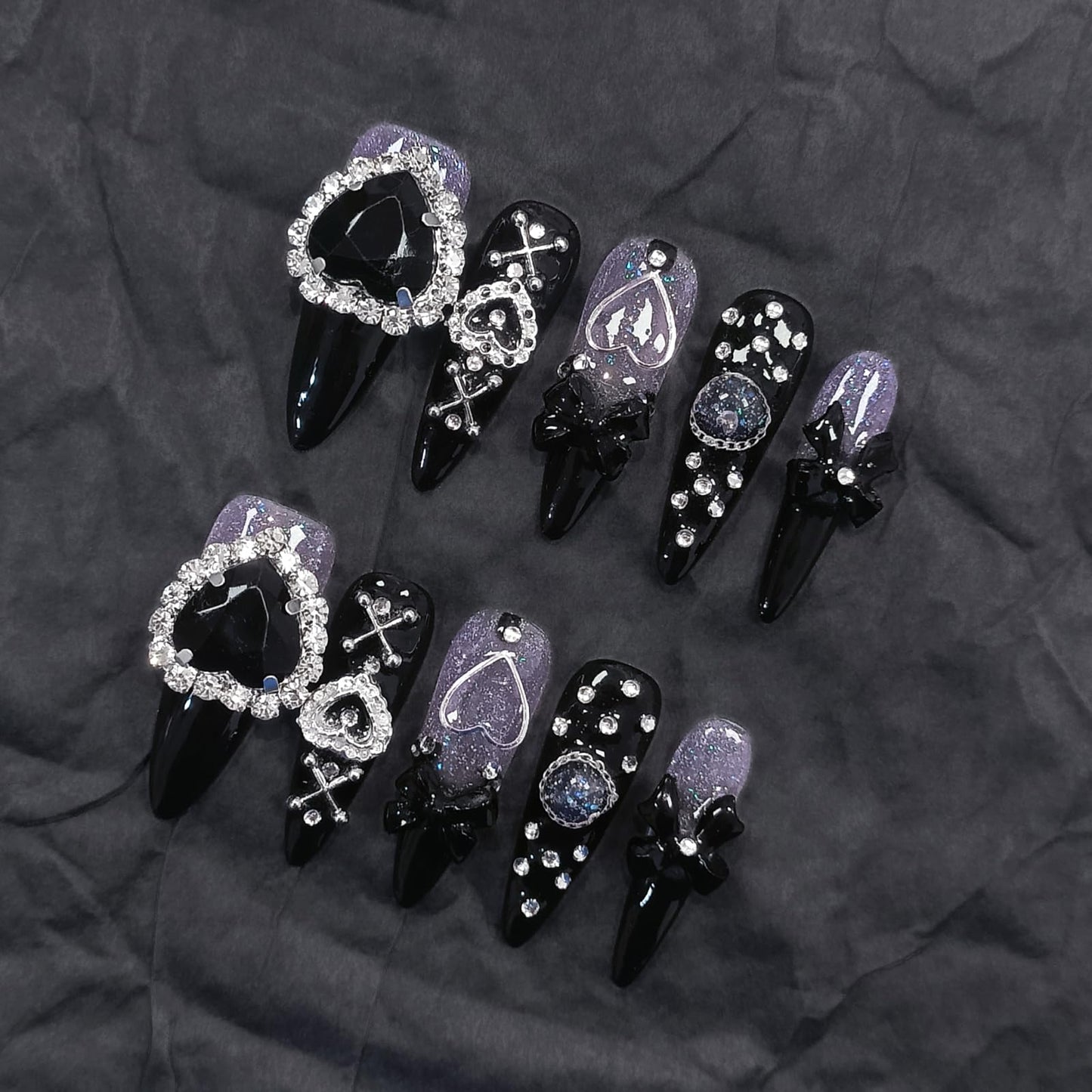 TENPAL Glam Punk Press on Nails Stiletto Almond Long,3D Heart Rhinestones&Metal Chains Designs,Black Glitter Purple Chrome Nails with Full Cover Micro Gems,Y2K Edgy Girly Streetwear Nails,10pcs M