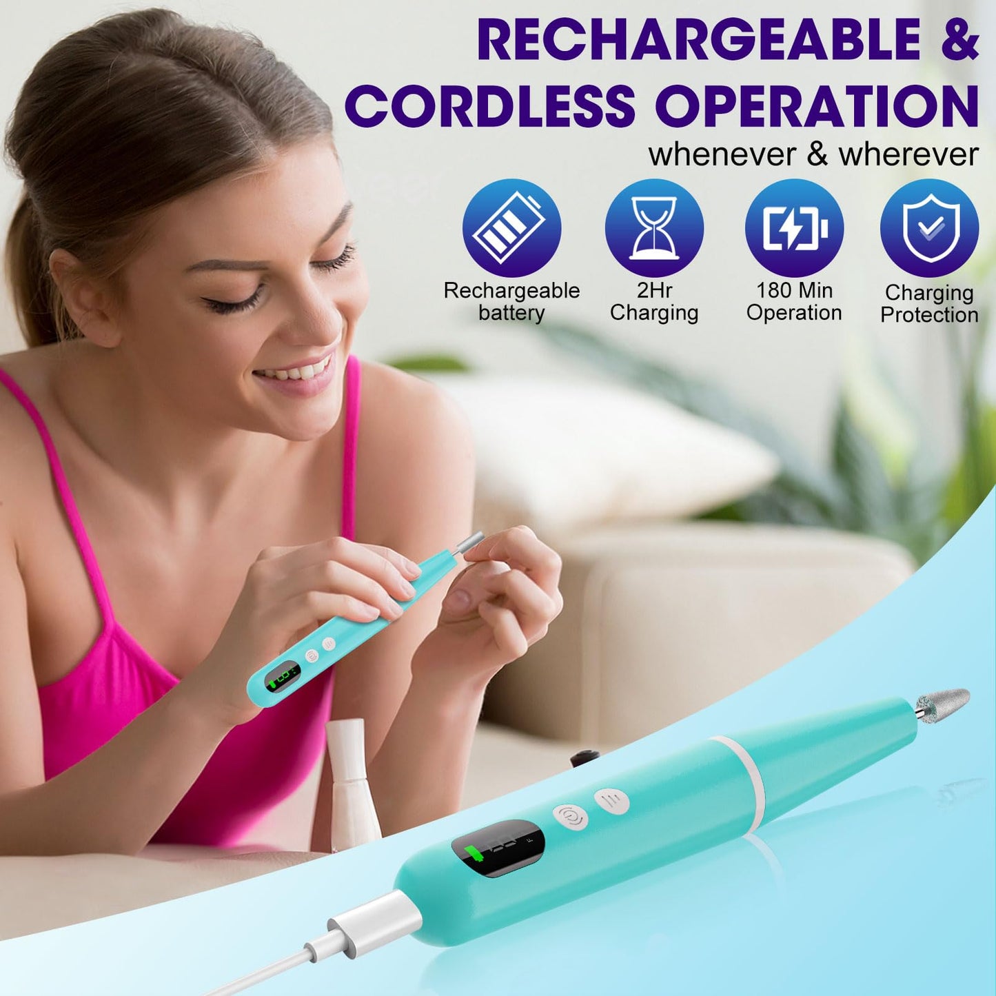 Cordless Nail Drill, Super Lightweight Electric Nail File, Low Noise Electric Nail Drill with 9 Speed & LCD Display, Toenail Grinder for Thick Nail Toenail Cuticle Human Women Baby Pets