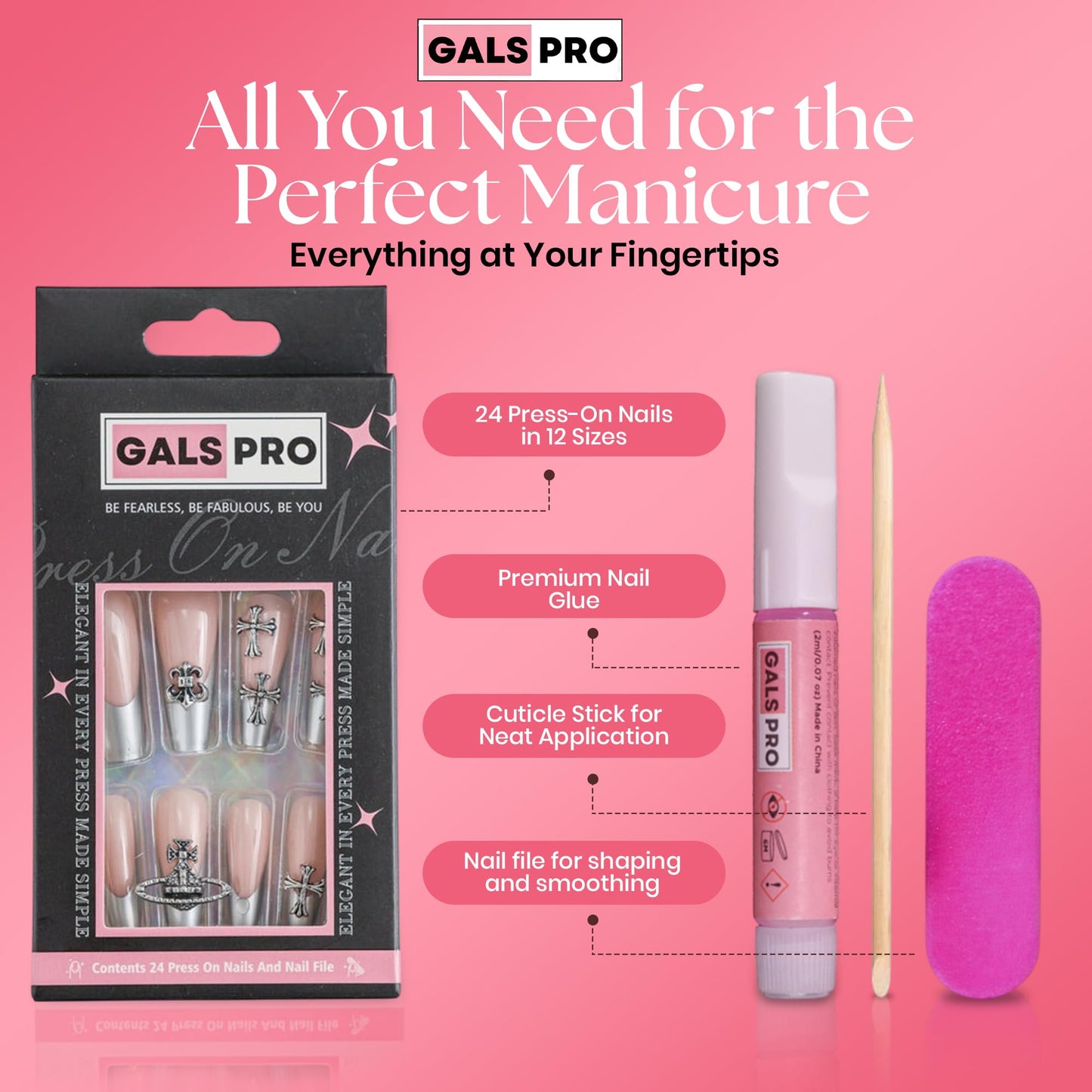 GALSPRO Long Press on Nails - Set of 24 Fake Nails with Designs in 12 Different Sizes for Perfect Fit, Cute False Nails Kit for Women with 0.07oz Nail Glue, A Double Sided Nail File & Cuticle Stick