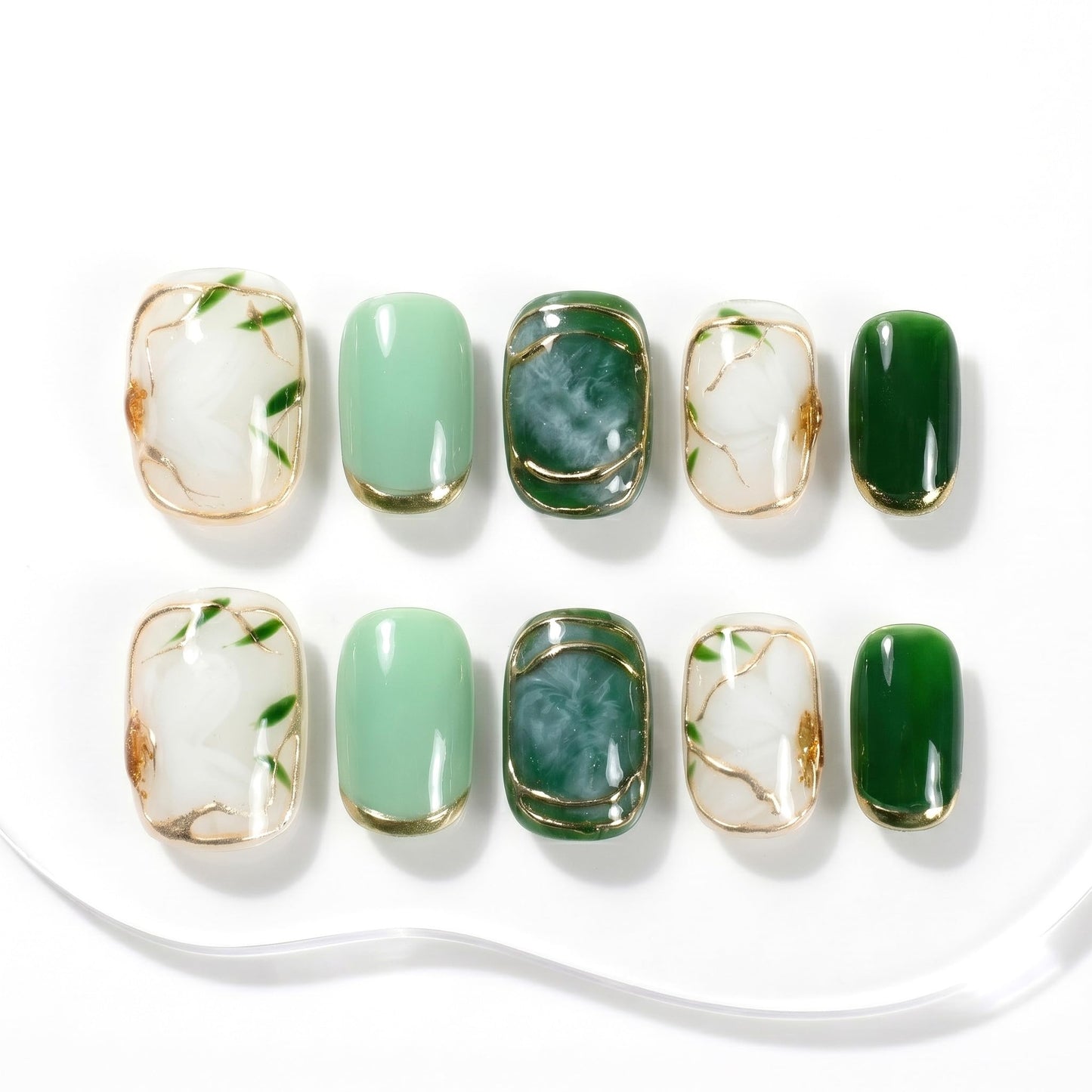 Sun&Beam Nails Handmade Press On Nail Medium Short Green White Flower Jasmine Fake Tip 3D Design Art Charms Cute with Storage Box 10 Pcs (S)