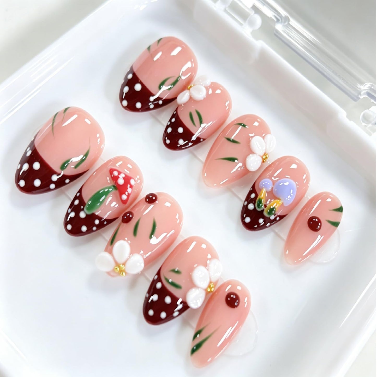 Threelegscat 10 PCS Short Almond Daily Handmade Press on Nails Nude Pink French Tip Polka Dot with 3D Flower Full Cover Fake Nails Reusable for Women Daily, Party, Gift