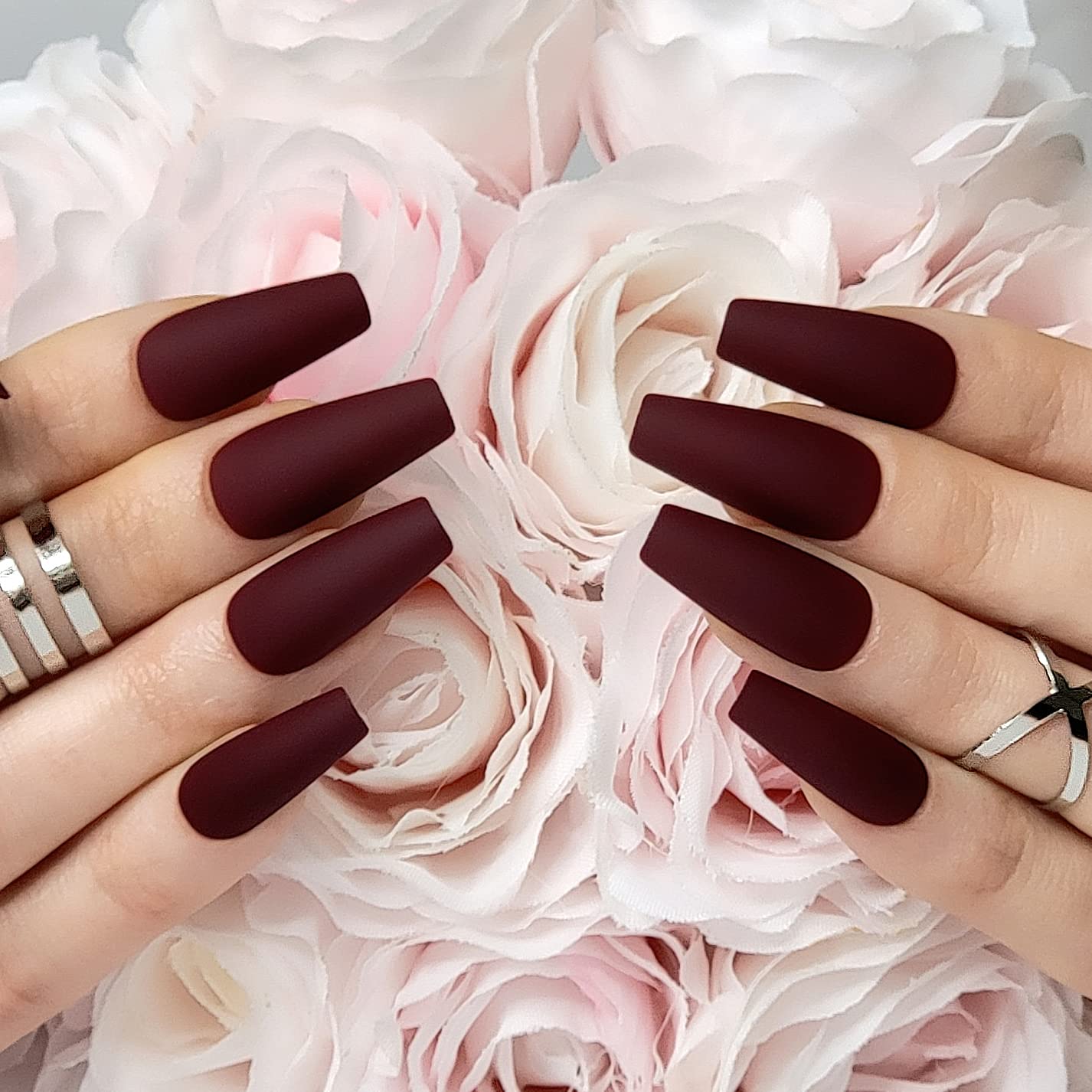 Hypnaughty Press On Nails - Maroon Xtreme & Noir Matte Coffin, Trendy & Salon Quality Reusable Nails With Kit