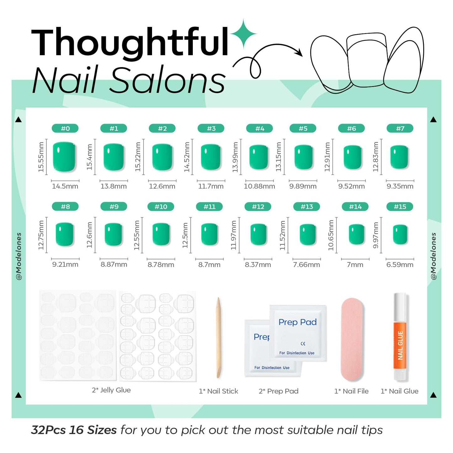 Modelones Extra Short Press on Nails, Vivid Green Squoval Fake Nails, Reusable Nail Kit with Nail Glue Adhesive Tabs Mini Nail File, Nails Press Ons 32Pcs 16 Sizes, Spring Women Girl Gift