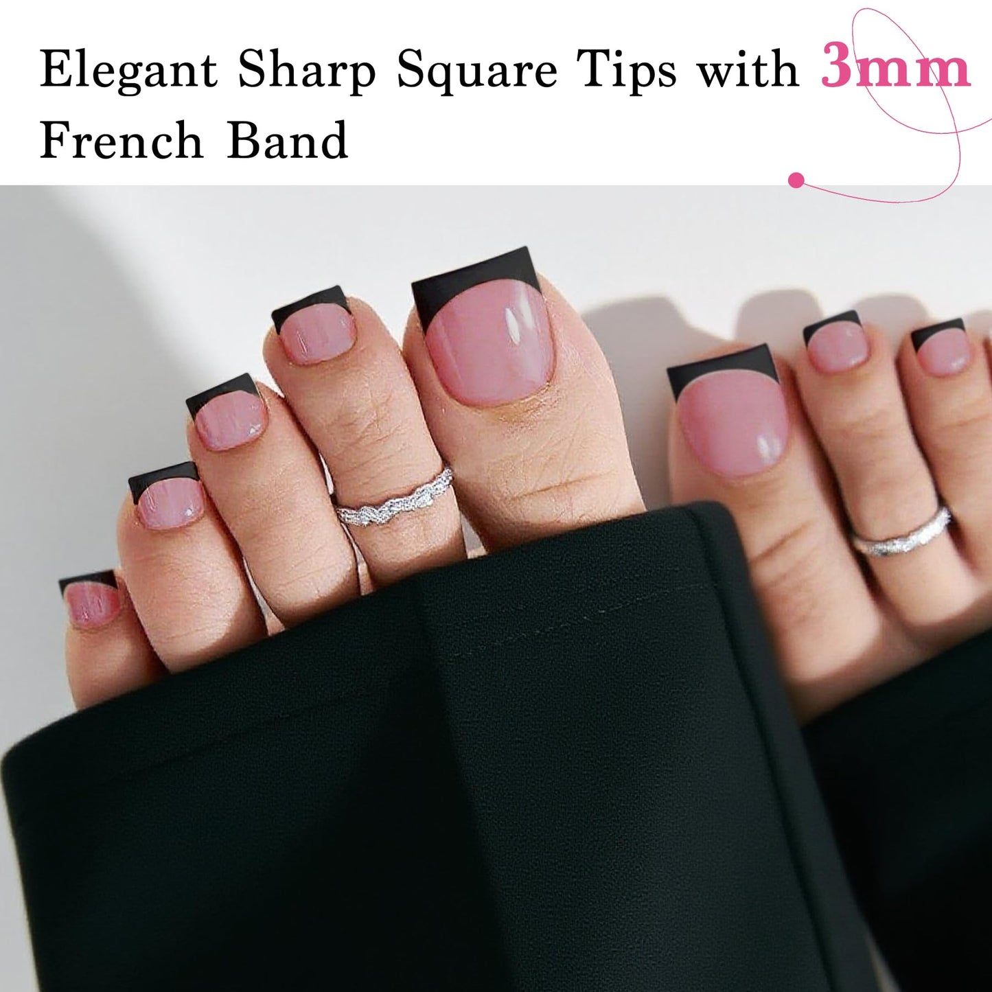 Qiek Toenail Press Ons French Tip, Berry Pink Black Elegant False Toe Nail Extension 15 Sizes 270 Pcs Sharp Square Acrylic Tips Pre-applied Nail Primer & Base Coat Full Cover for DIY Home 2025 Summer