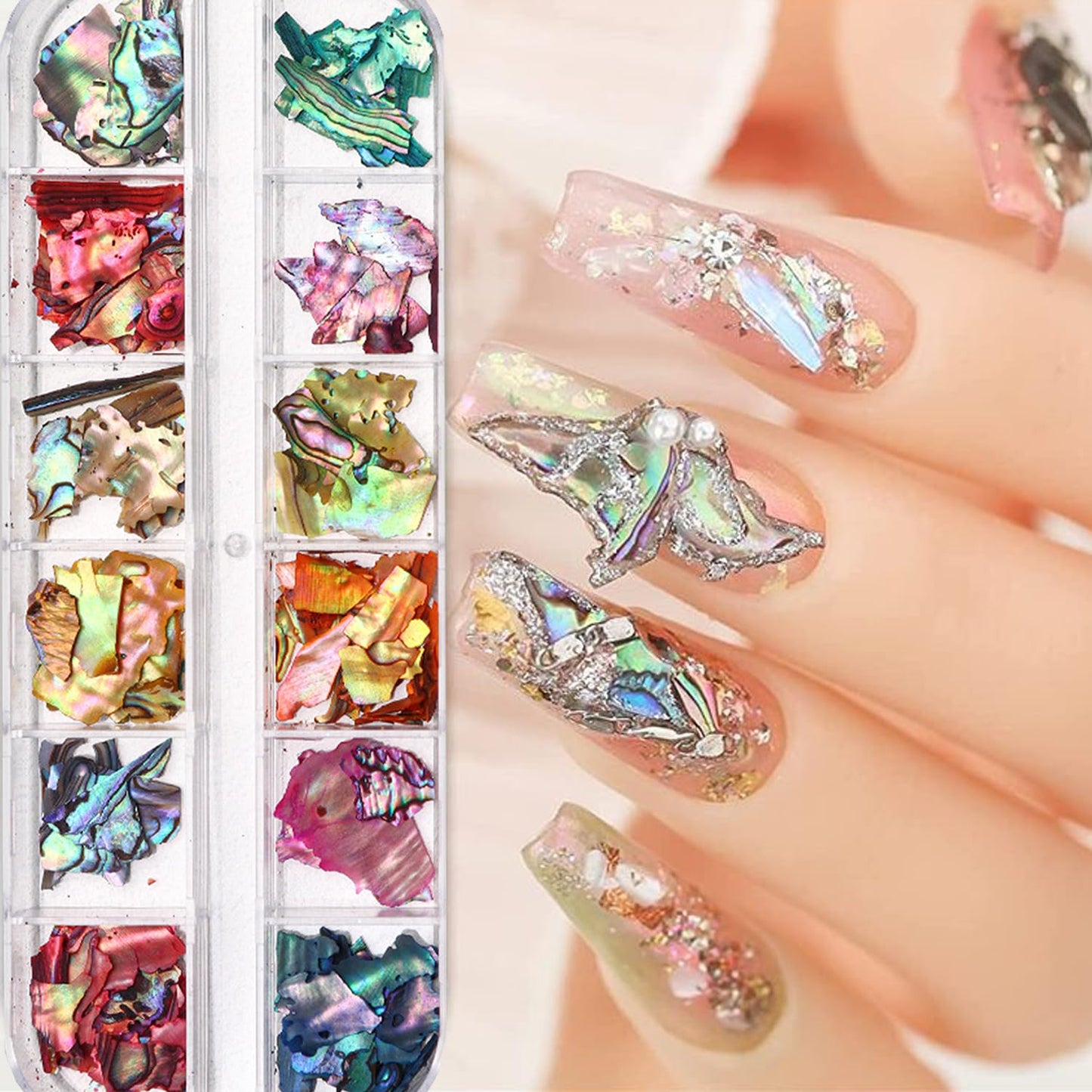 12Grids Nail Art Aurora Abalone Shell Flakes, Shiny Irregular Sea Shell 3D Charms Summer Slices Holographic Nail Art Sequins Natural Sea Shells Nail Glitters Manicure Paillette Tip Decor Accessories