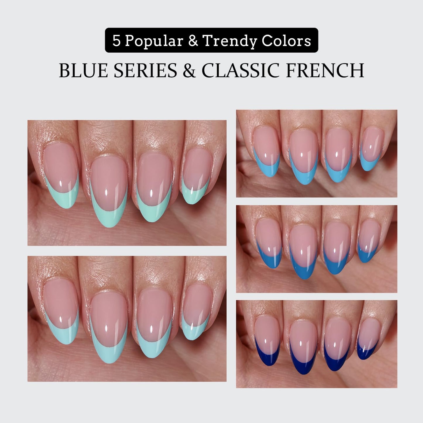 BTArtboxnails XCOATTIPS French Tip Press On Nails - Blue Press On Nails Short, Almond Fake Nail Tips, 160Pcs Soak Off Soft Gel Acrylic Pink Nail Extension in 16 Sizes